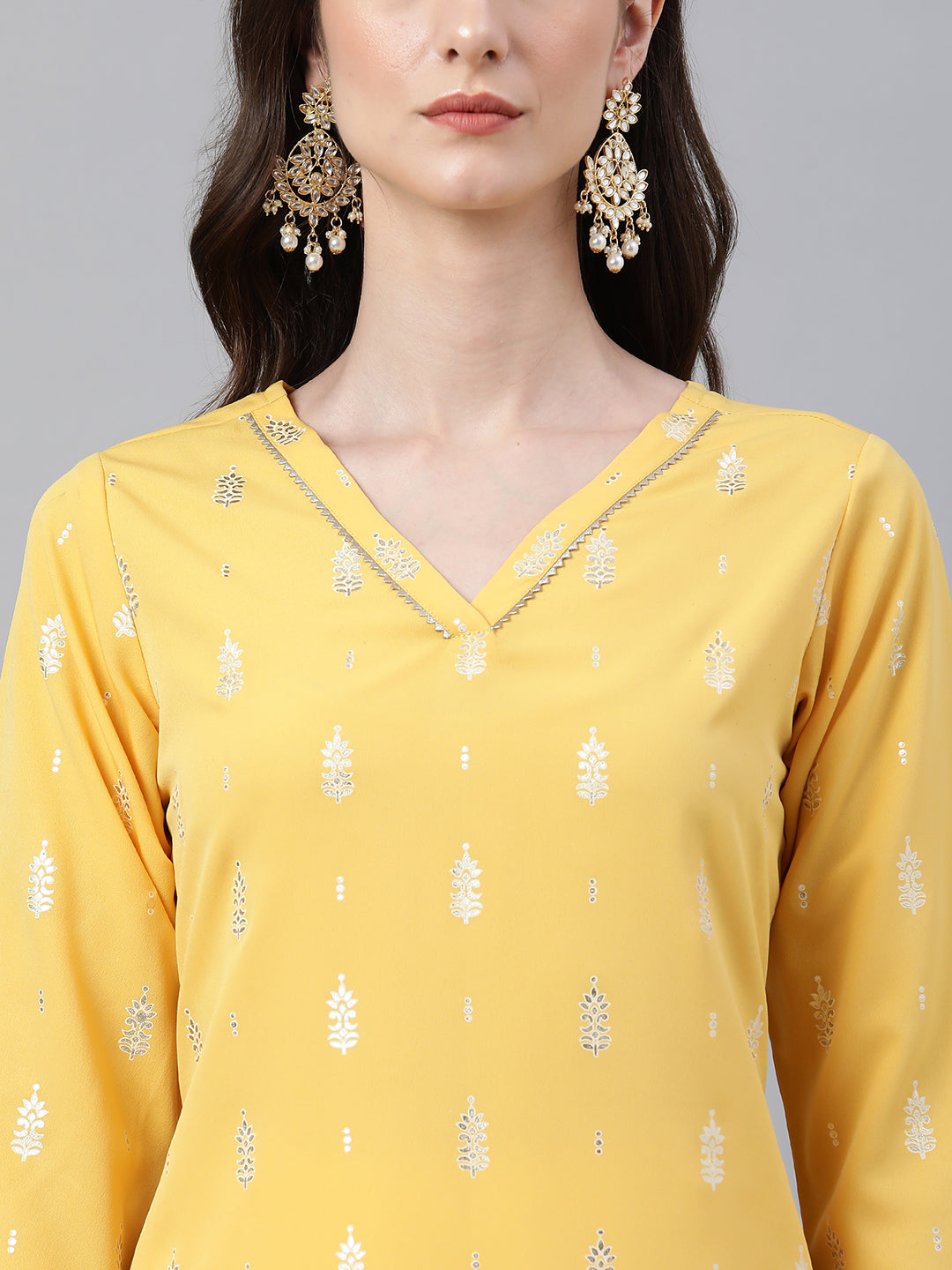 Janasya Women's Mustard Crepe Foil Print Casual Straight Kurta 