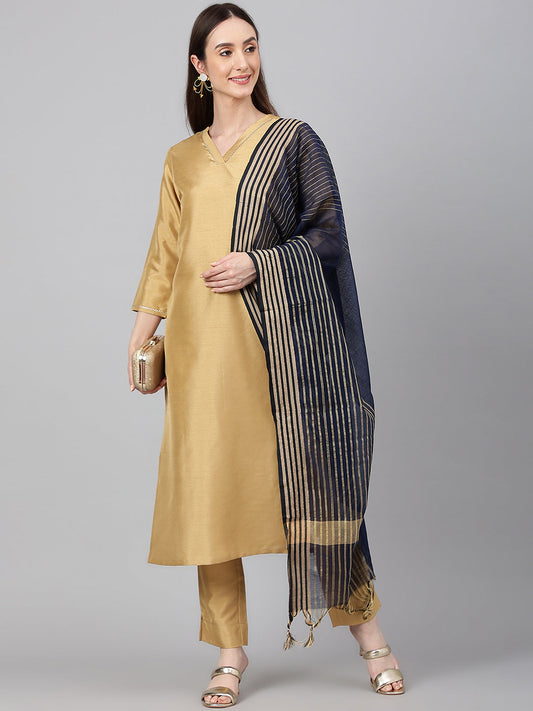 Janasya Women's Gold Crepe Silk Solid Straight Festival Kurta Set 