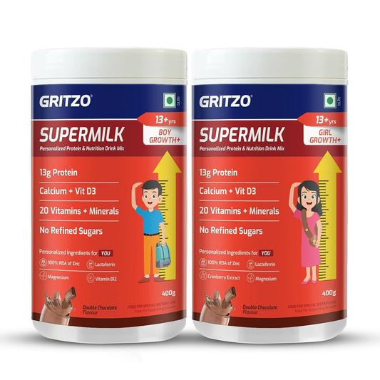 Gritzo SuperMilk Growth+ (Formerly Height+) (13+y Boys & Girls) 13g Protein Powder - Double Chocolate