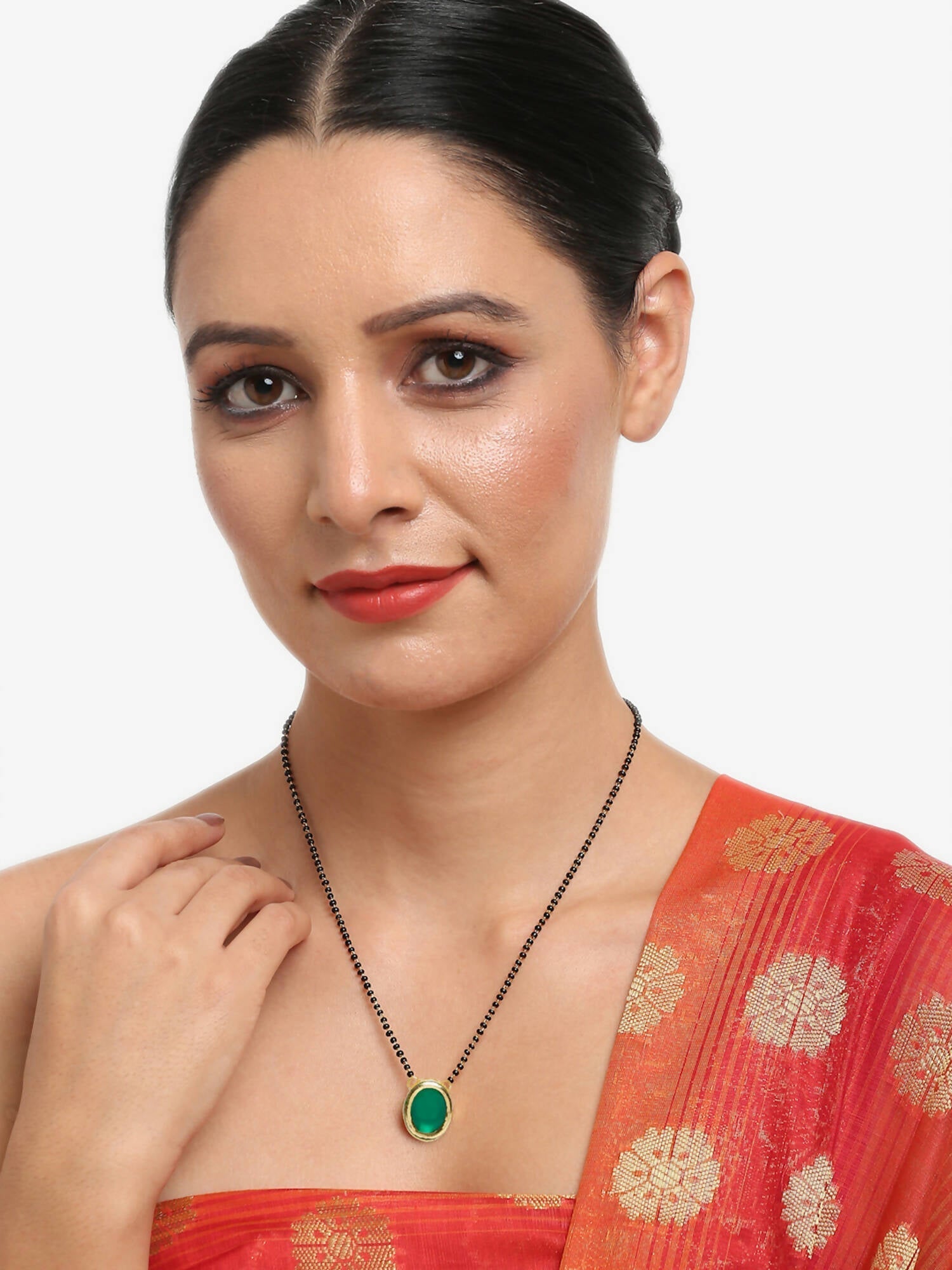 Gold-Polished Black Beaded Green Kundan Studded Handcrafted Mangalsutra - Ruby Raang | Swadesiicart