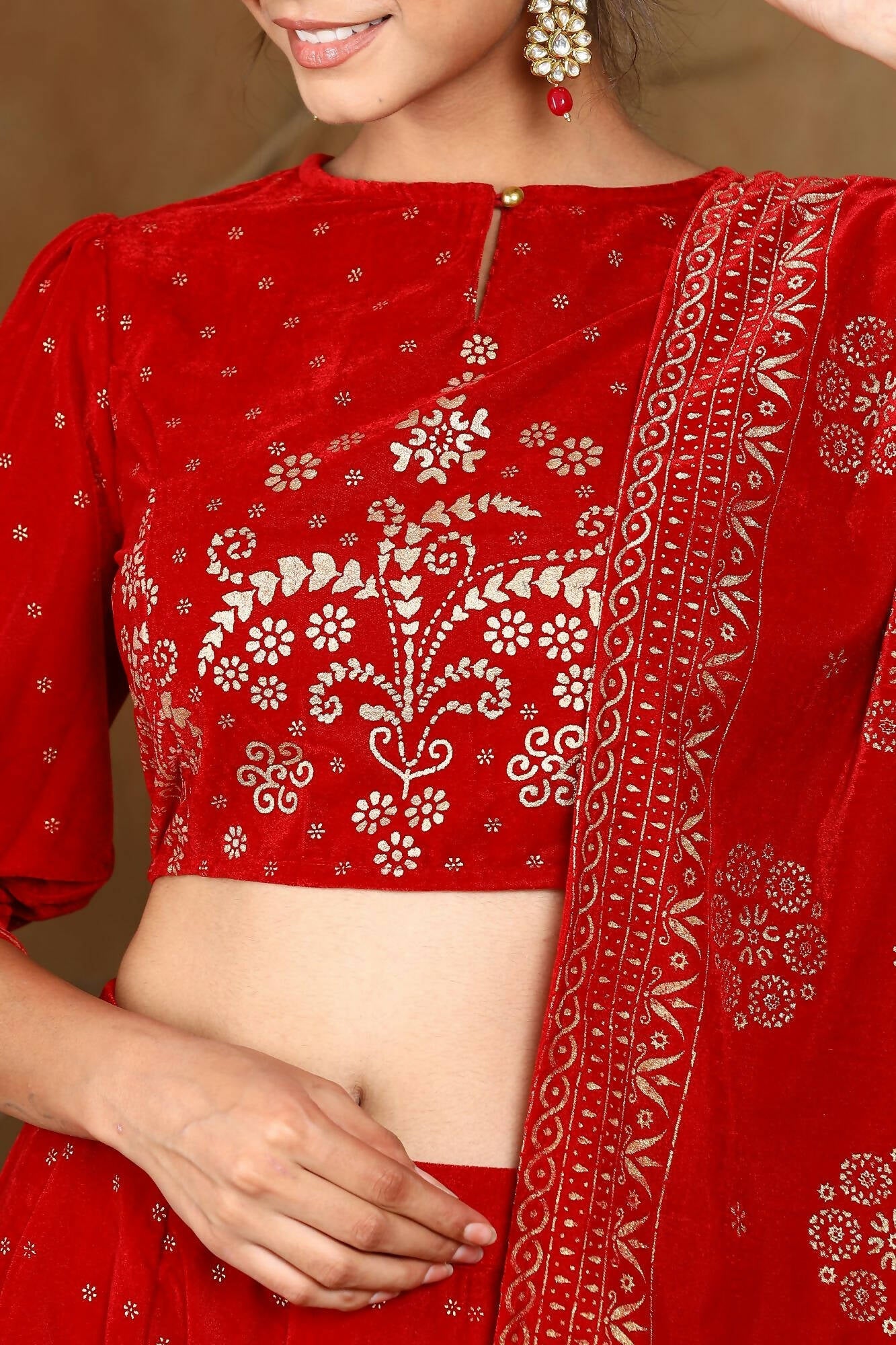 Juniper Women Maroon Velvet Printed Flared Lehenga Choli Sets