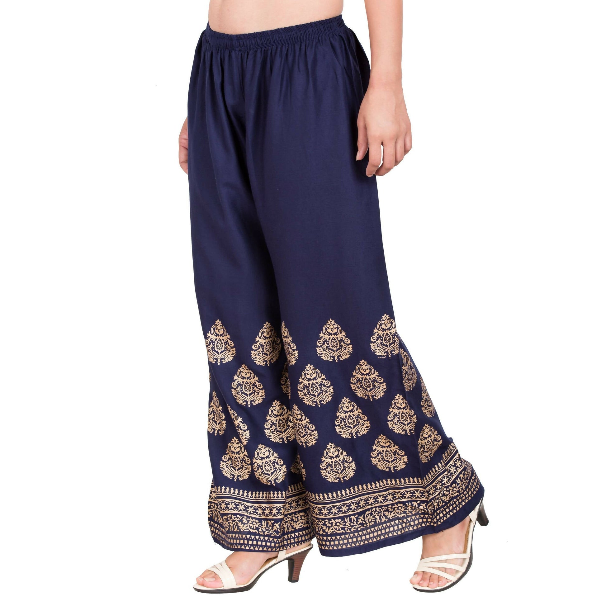 PAVONINE Navy Blue Color Golden Printed Rayon Fabric Sharara For Women & Girls