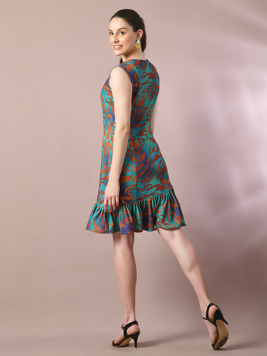 Myshka Women's Multi Printed Round Neck Fit and Flare Party Dress