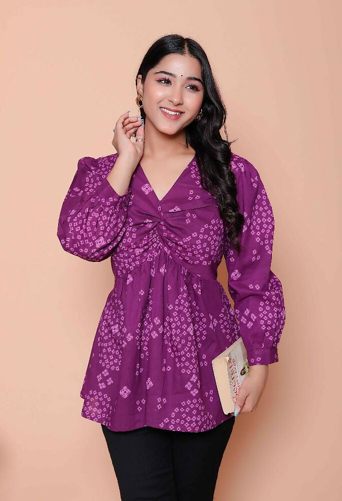 Miravan Womens Purple Bandhani Printed Butterfly Style Top