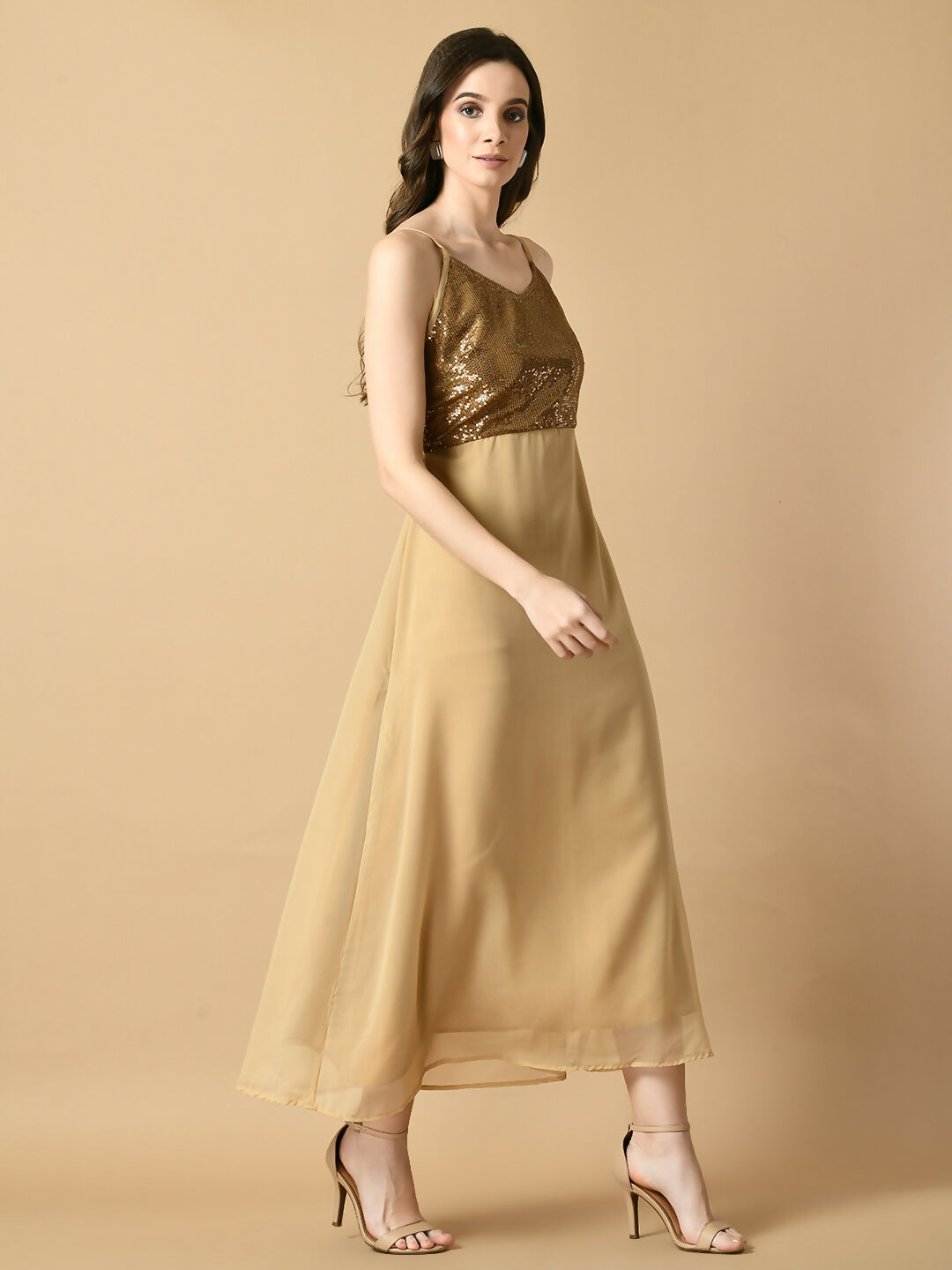 Myshka Women's Beige Solid Georgette Party Dress