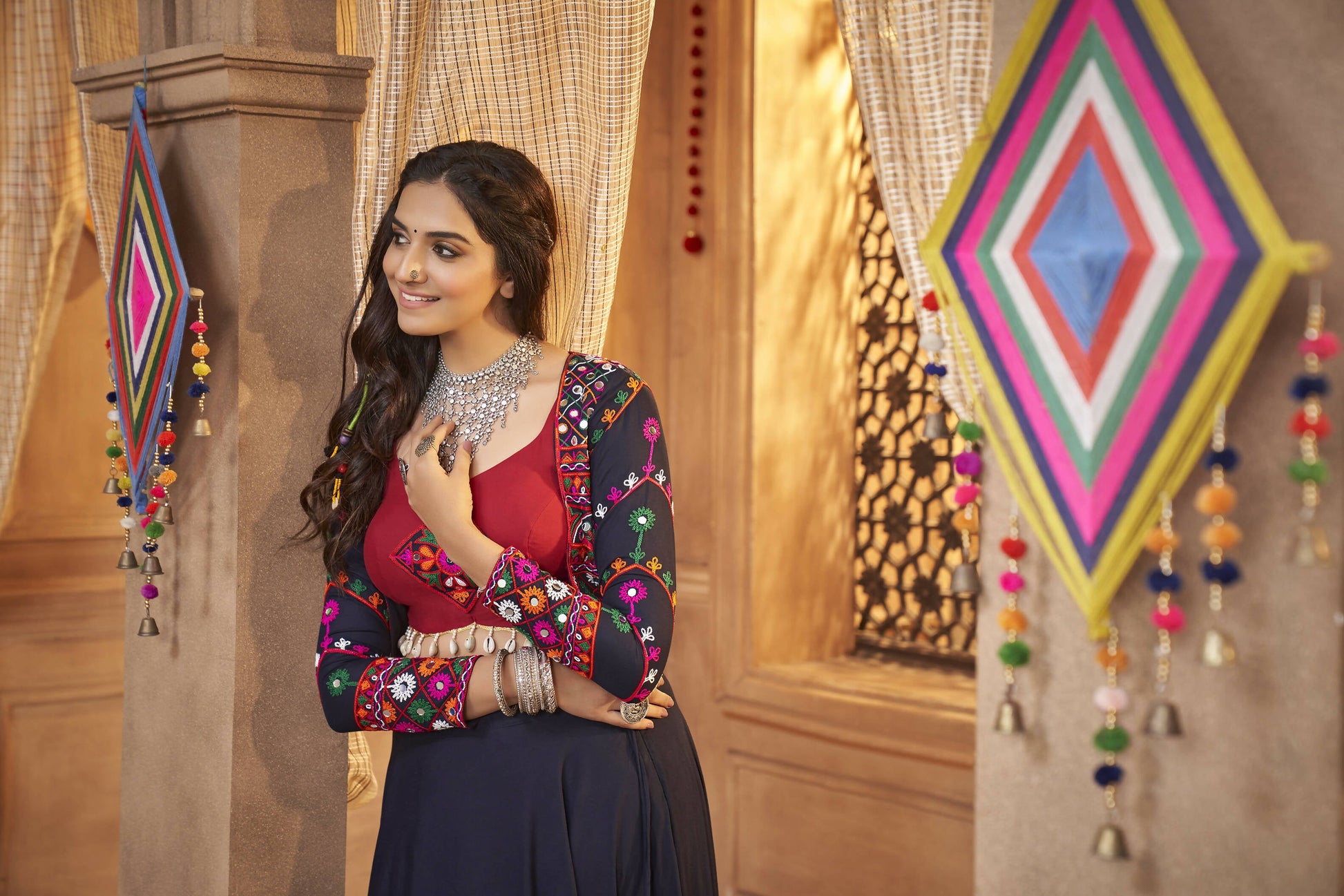 Navy Blue Viscose Rayon Thread Embroidered Work With Mirror All Over Navratri Lehenga Choli With Dupatta - Raas