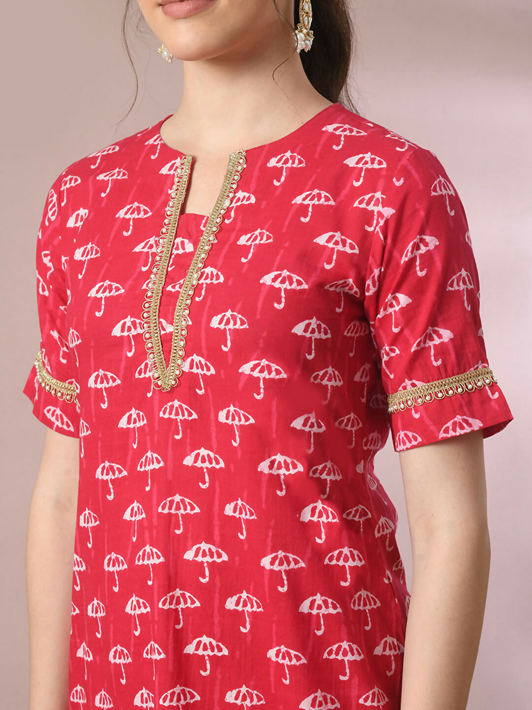 Myshka Women's Pink Printed Cotton Straight Party Kurta Set