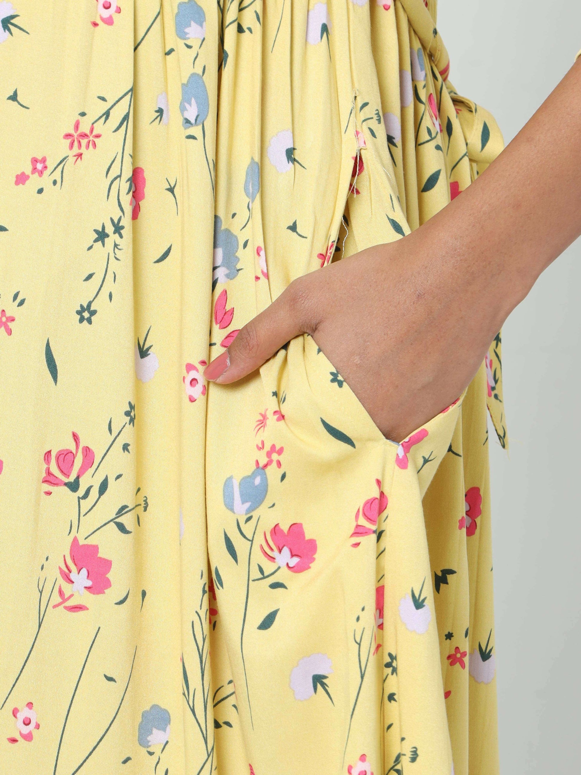 Manet Three Fourth Maternity Dress Floral Print With Concealed Zipper Nursing Access - Yellow