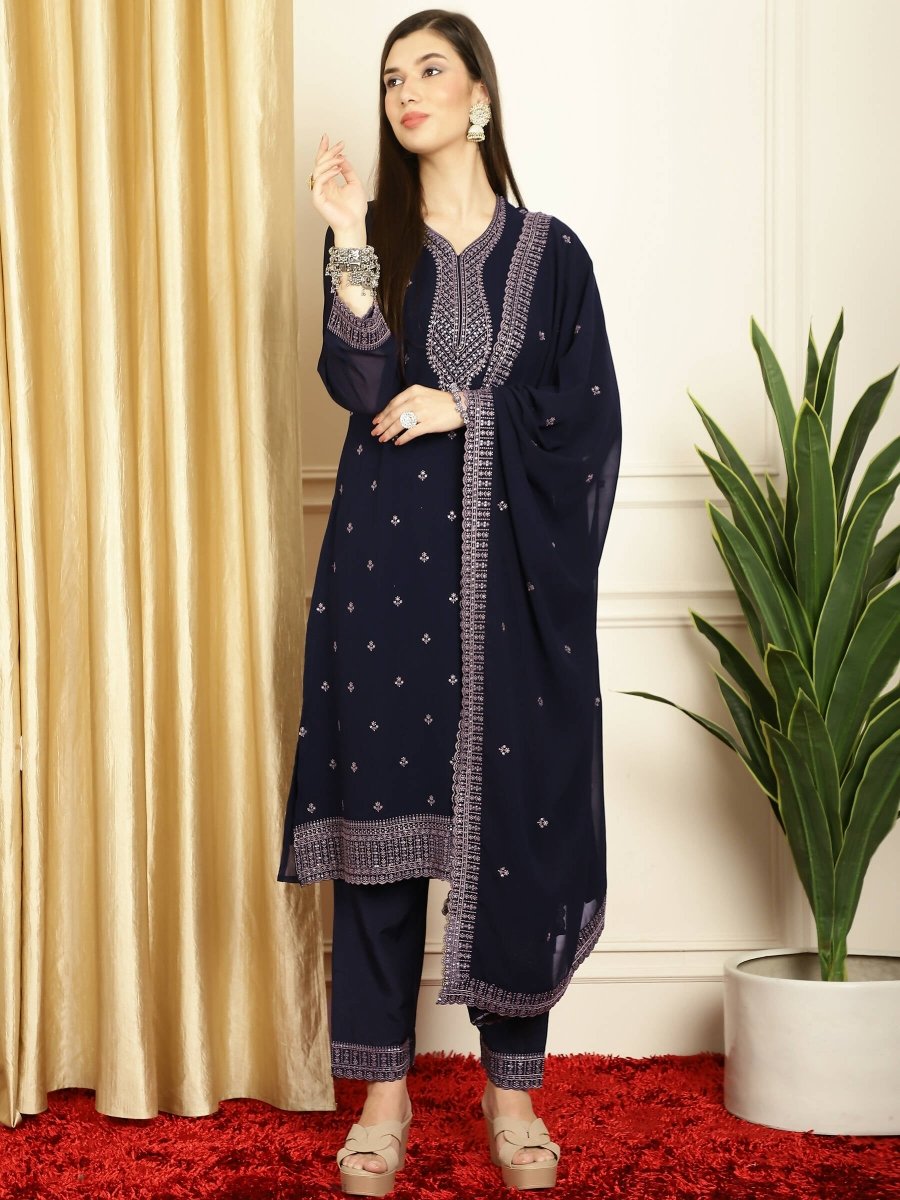 Aastha Fashion Women's Navy Blue Georgette Resham Thread & Sequin Kurta with Trouser & Dupatta - Grab2buy