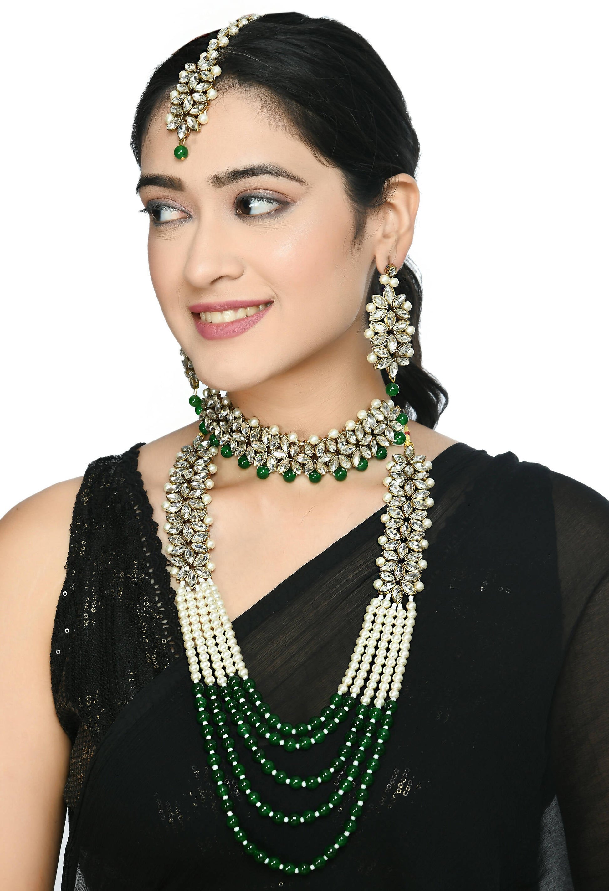 Mominos Fashion Johar Kamal Gold-Plated Rani Haar with Green and Off white Pearls Jewellery Set - Grab2buy