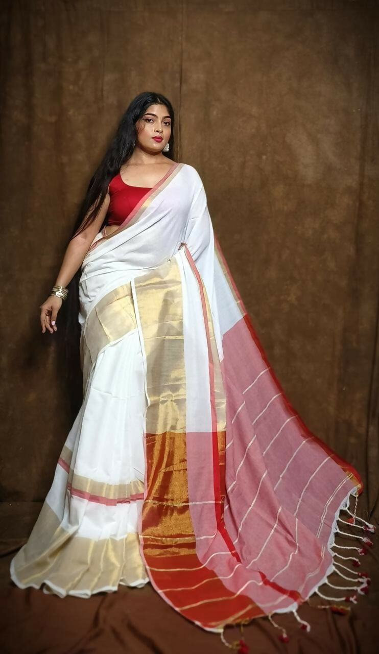 Exclusive Collection White Red Pure Cotton Handloom Gorgeous Grab2Buy 