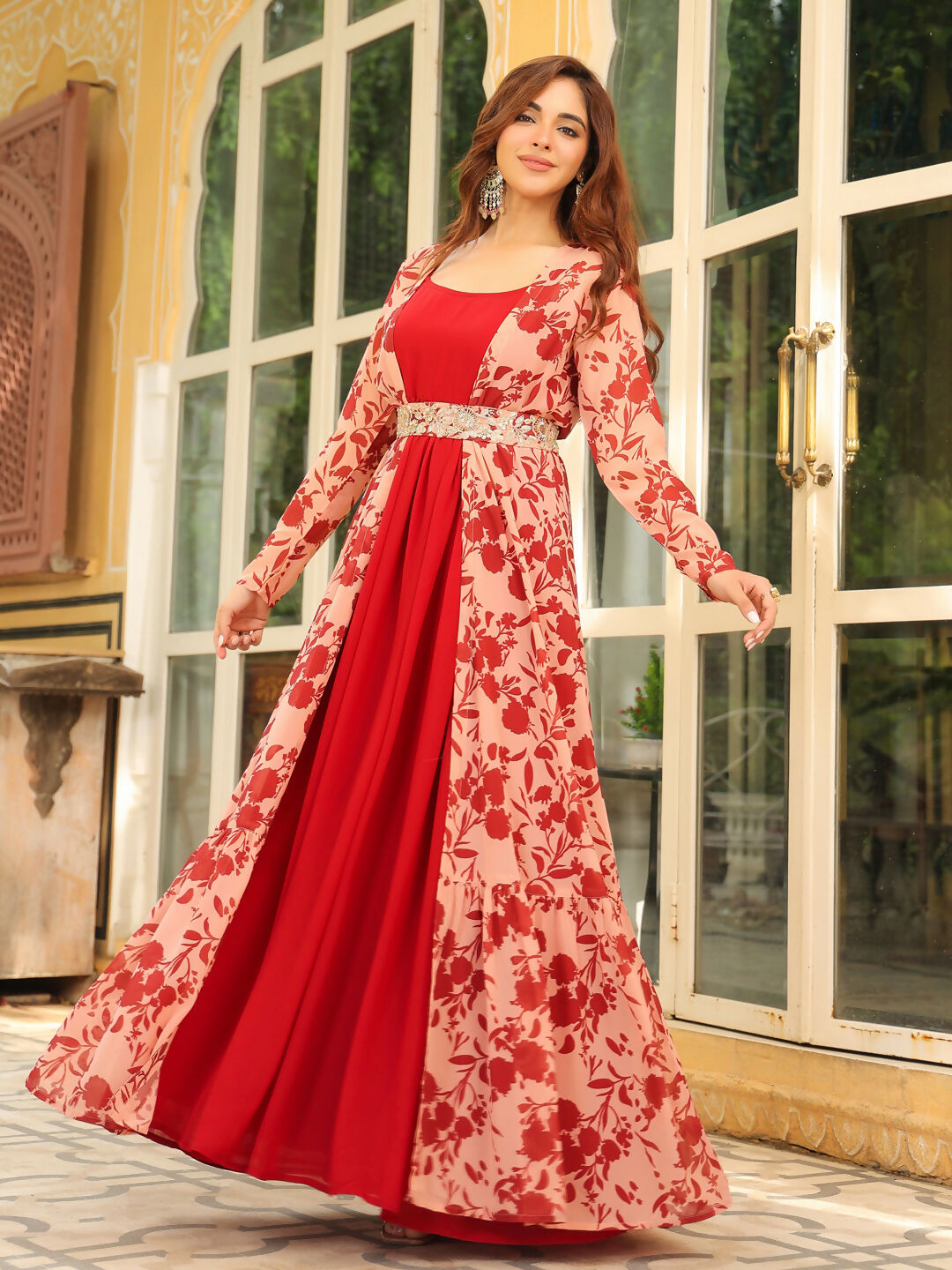 Janasya Maroon Georgette Solid Dress & Jacket 