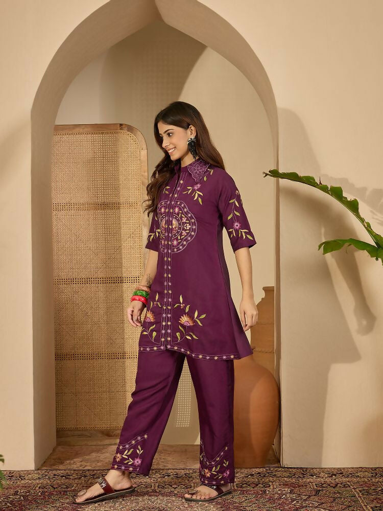 Joban Fashion Women Purple Roman Silk Embroidered Stitched Kurta Set