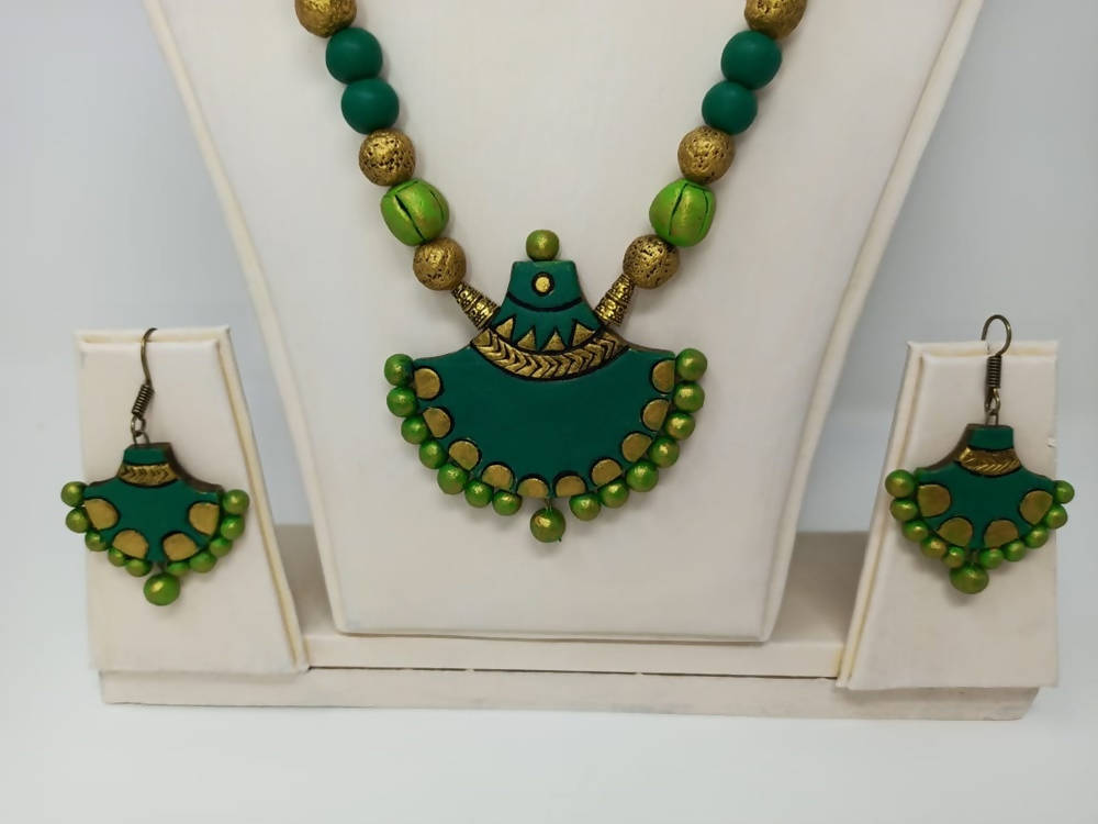 Terracotta Green Long Necklace Set with Matching Earrings