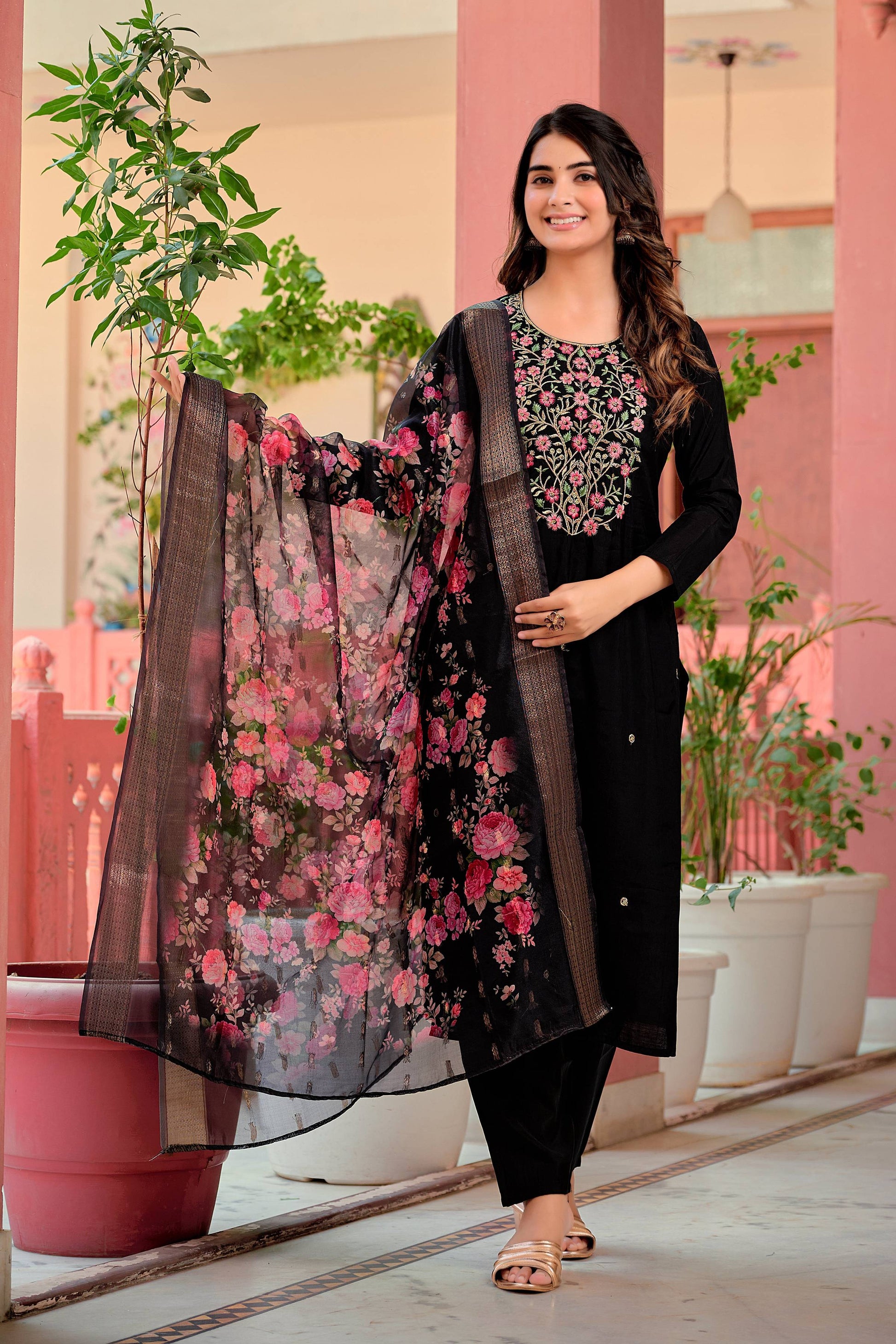 Hand Embroidered Kurta With Pant & Dupatta Premium Luxury, Multicolor - Hiral Fashion