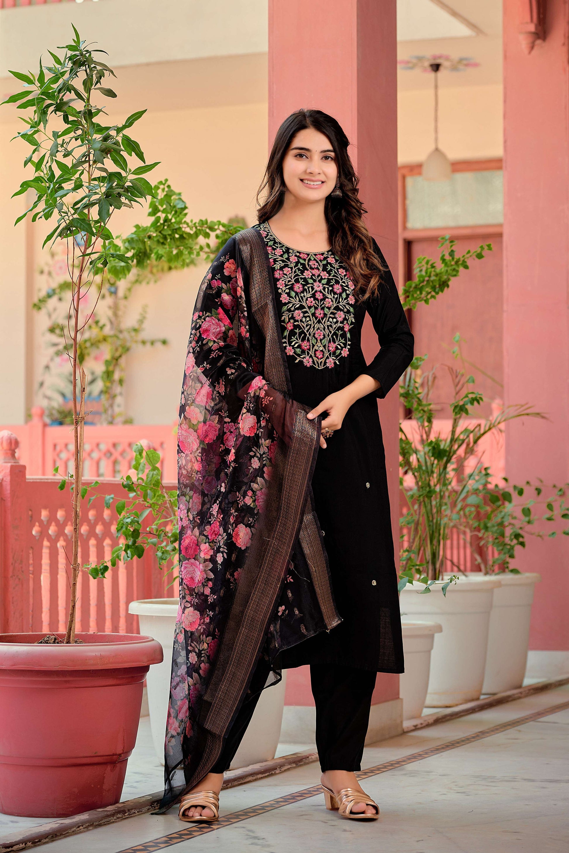 Hand Embroidered Kurta With Pant & Dupatta Premium Luxury, Multicolor - Hiral Fashion