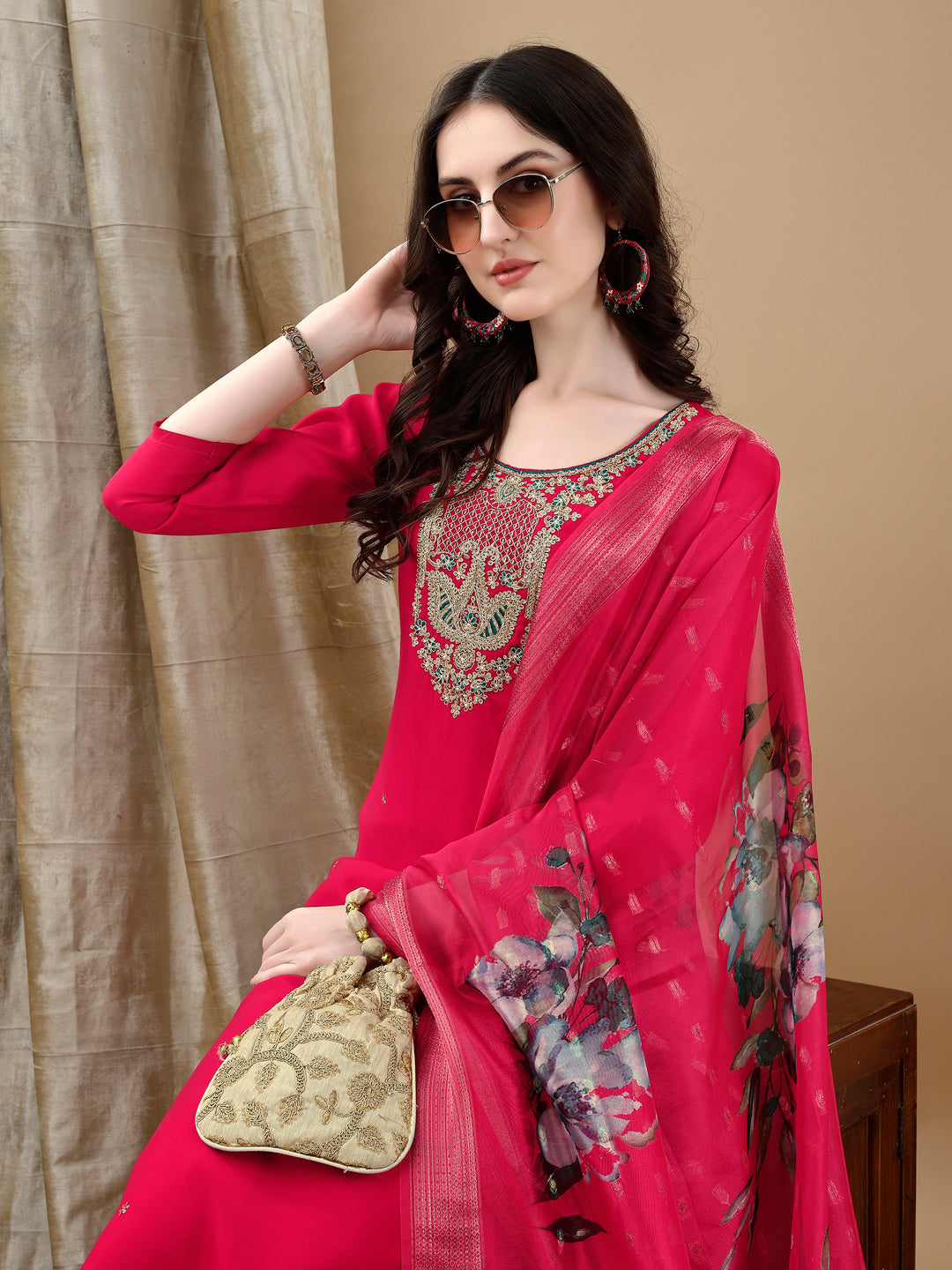 Hand Embroidered & Lace Detailed Kurta With Pant & Dupatta, Pink - Hiral Fashion