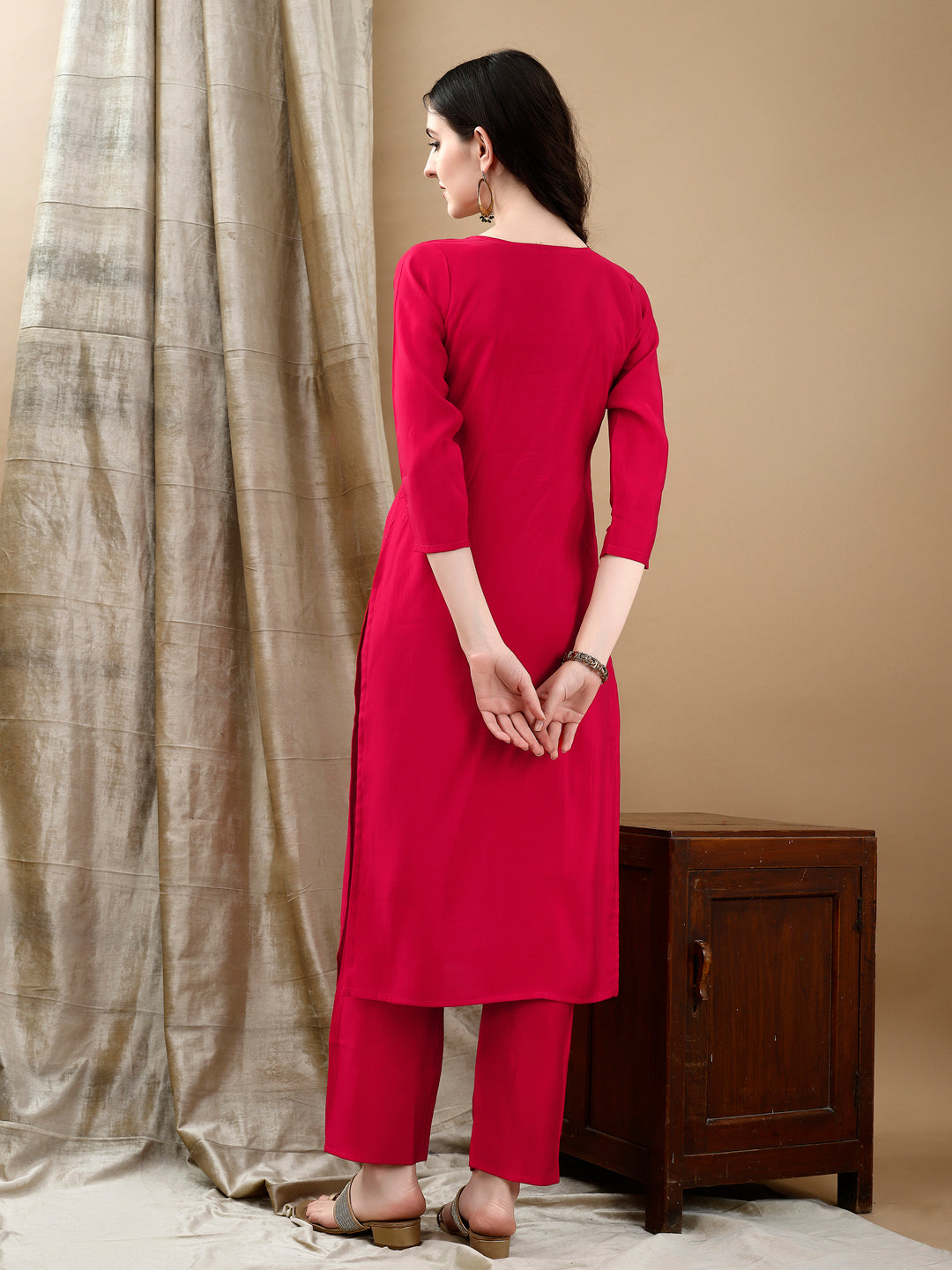 Hand Embroidered & Lace Detailed Kurta With Pant & Dupatta, Pink - Hiral Fashion