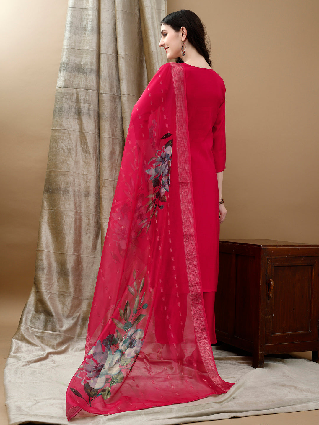 Hand Embroidered & Lace Detailed Kurta With Pant & Dupatta, Pink - Hiral Fashion