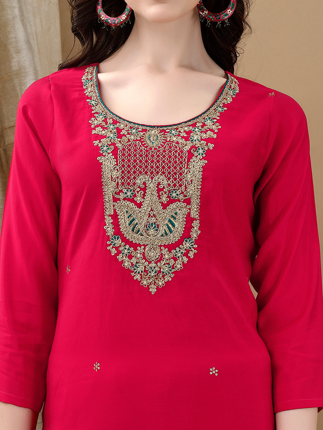 Hand Embroidered & Lace Detailed Kurta With Pant & Dupatta, Pink - Hiral Fashion