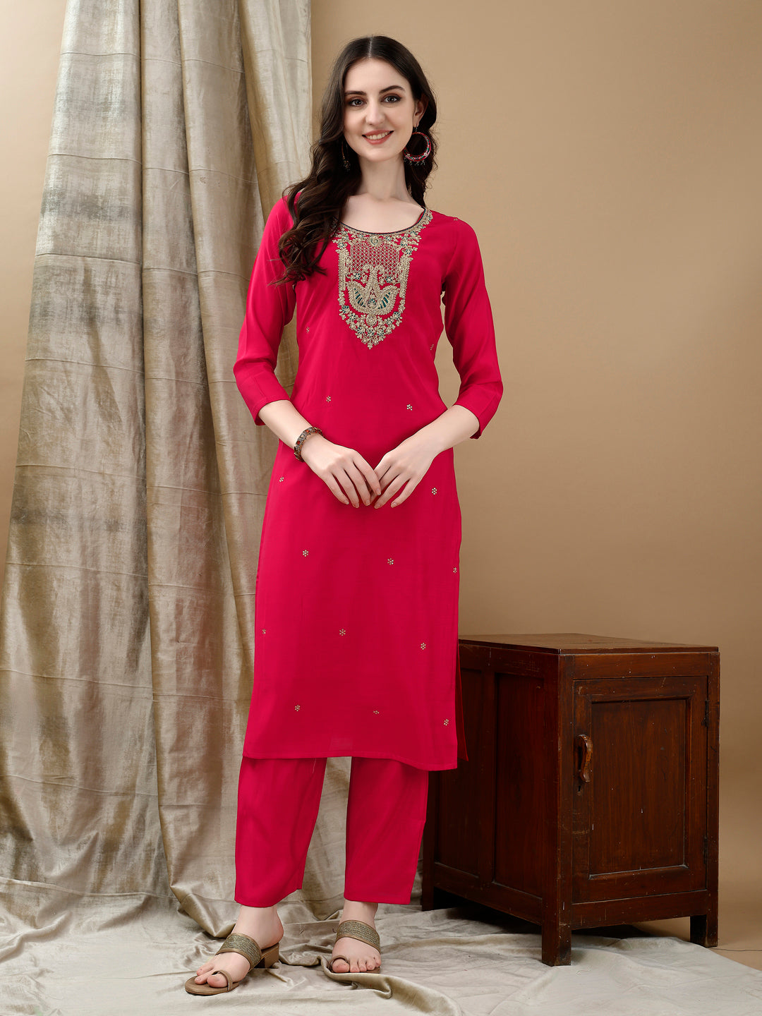 Hand Embroidered & Lace Detailed Kurta With Pant & Dupatta, Pink - Hiral Fashion