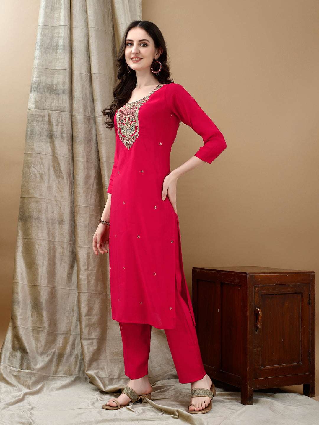 Hand Embroidered & Lace Detailed Kurta With Pant & Dupatta, Pink - Hiral Fashion