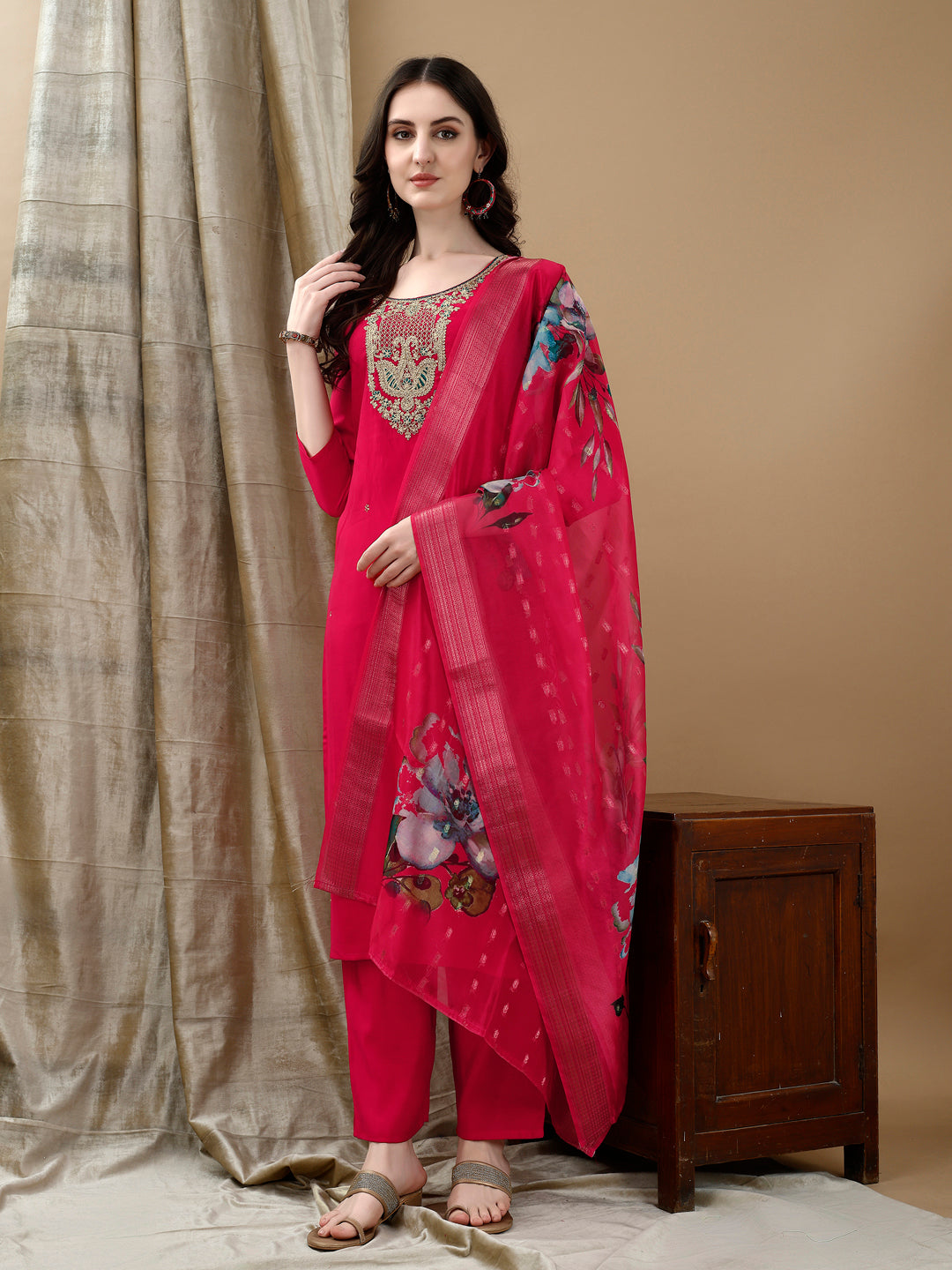 Hand Embroidered & Lace Detailed Kurta With Pant & Dupatta, Pink - Hiral Fashion