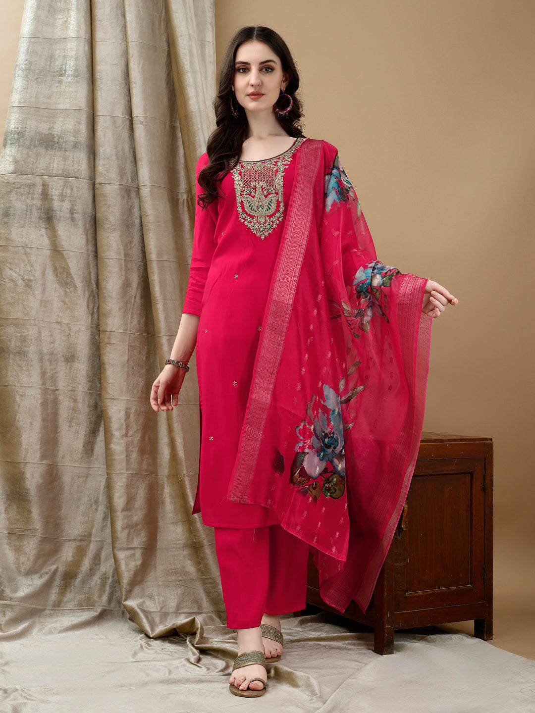 Hand Embroidered & Lace Detailed Kurta With Pant & Dupatta, Pink - Hiral Fashion