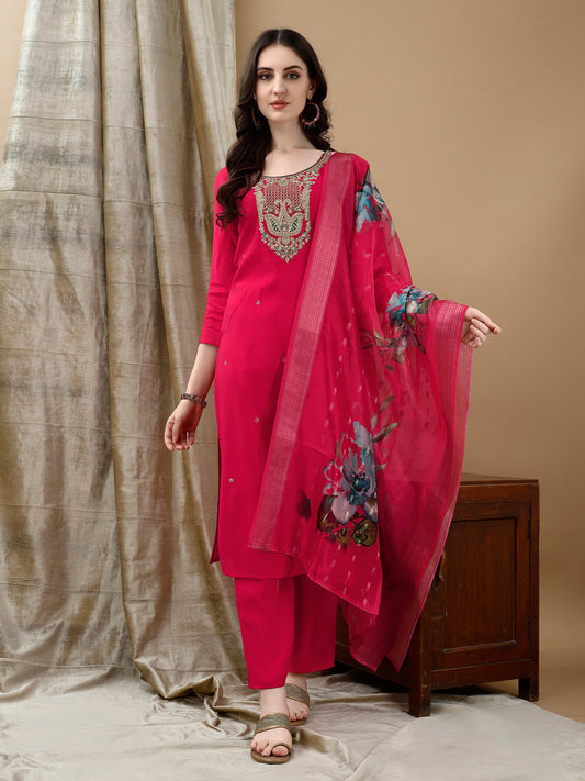 Hand Embroidered & Lace Detailed Kurta With Pant & Dupatta, Pink - Hiral Fashion