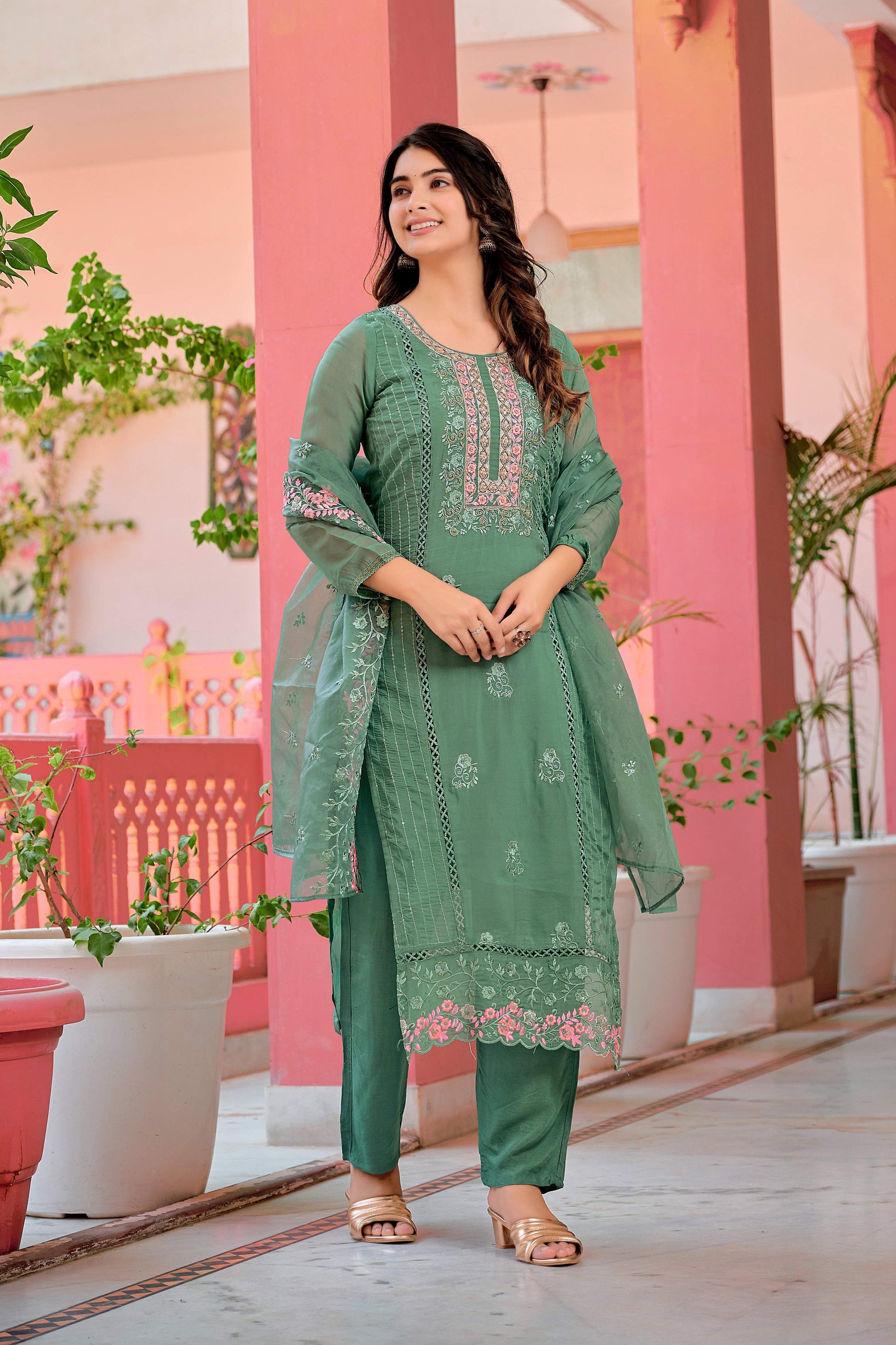 Hand Embroidered & Lace Detailed Kurta With Pant & Dupatta Premium Luxury, Multicolor - Hiral Fashion