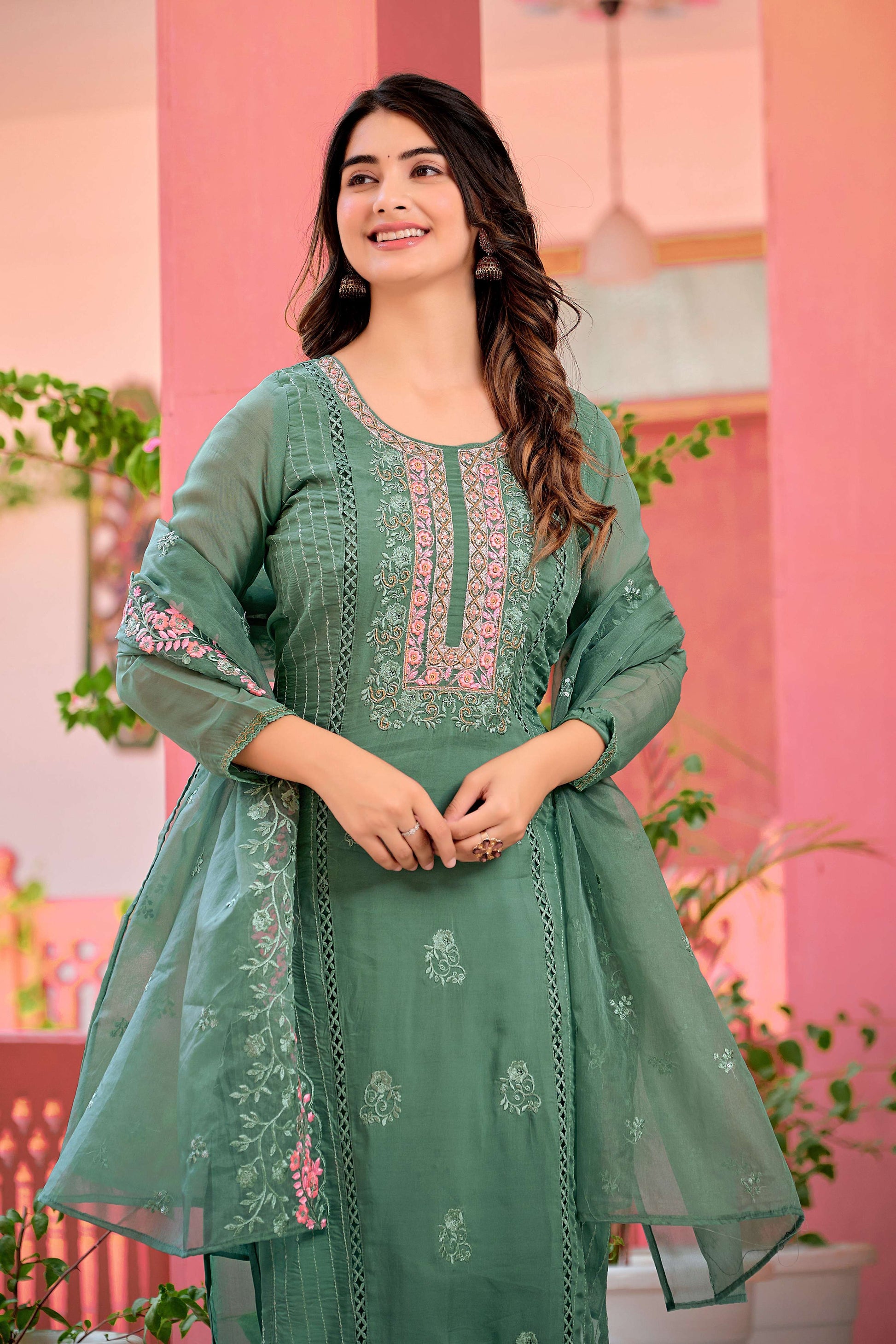 Hand Embroidered & Lace Detailed Kurta With Pant & Dupatta Premium Luxury, Multicolor - Hiral Fashion