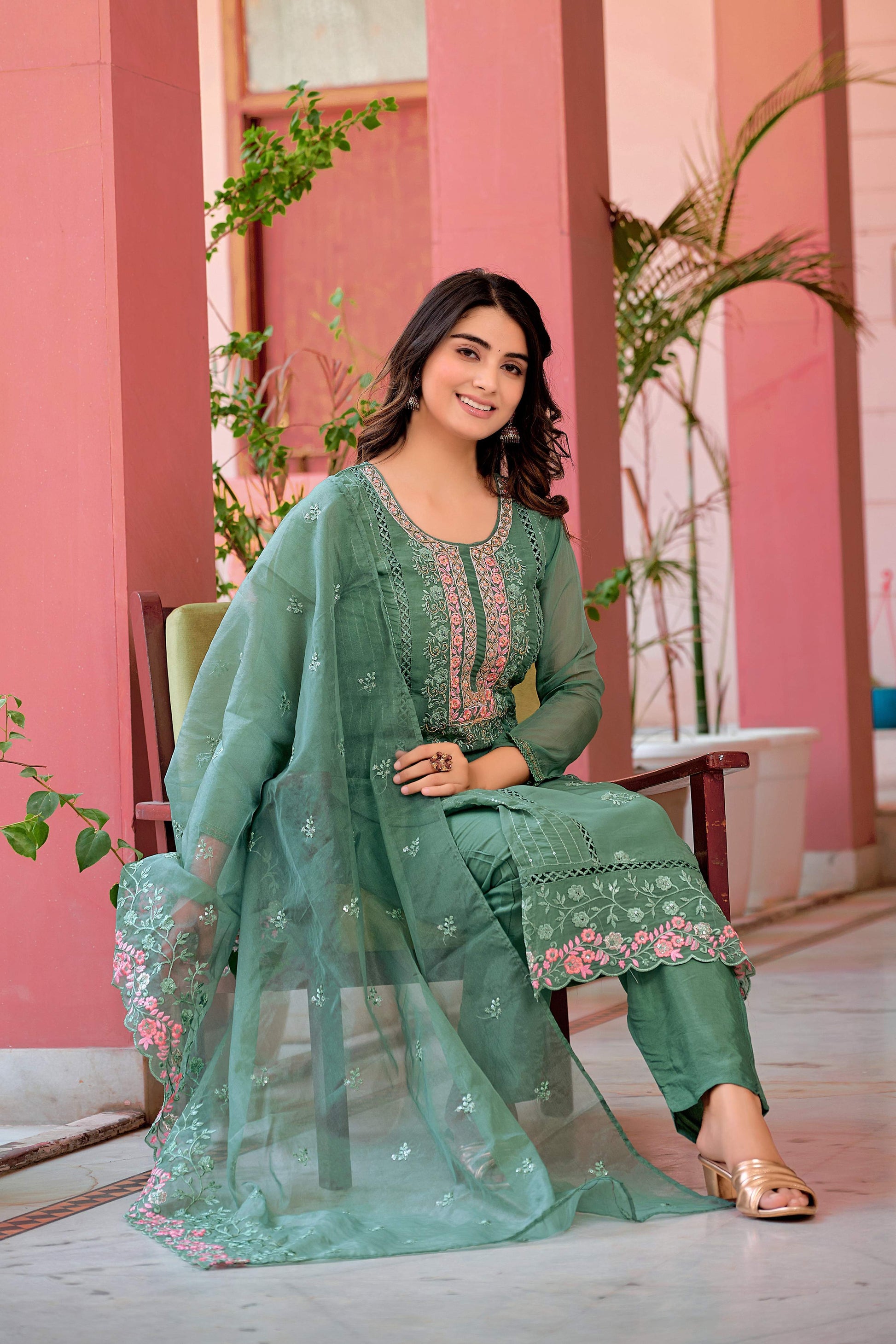 Hand Embroidered & Lace Detailed Kurta With Pant & Dupatta Premium Luxury, Multicolor - Hiral Fashion