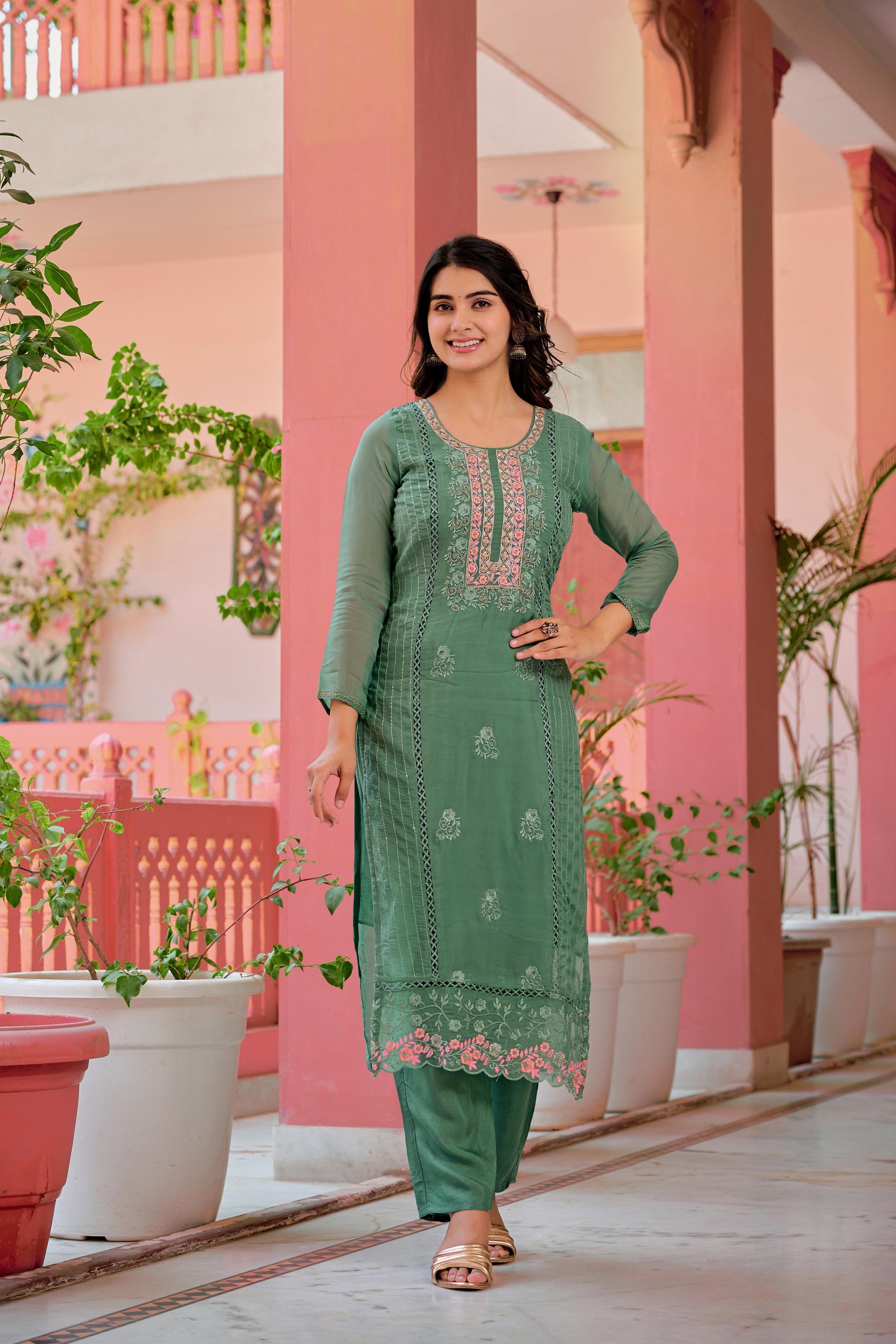 Hand Embroidered & Lace Detailed Kurta With Pant & Dupatta Premium Luxury, Multicolor - Hiral Fashion