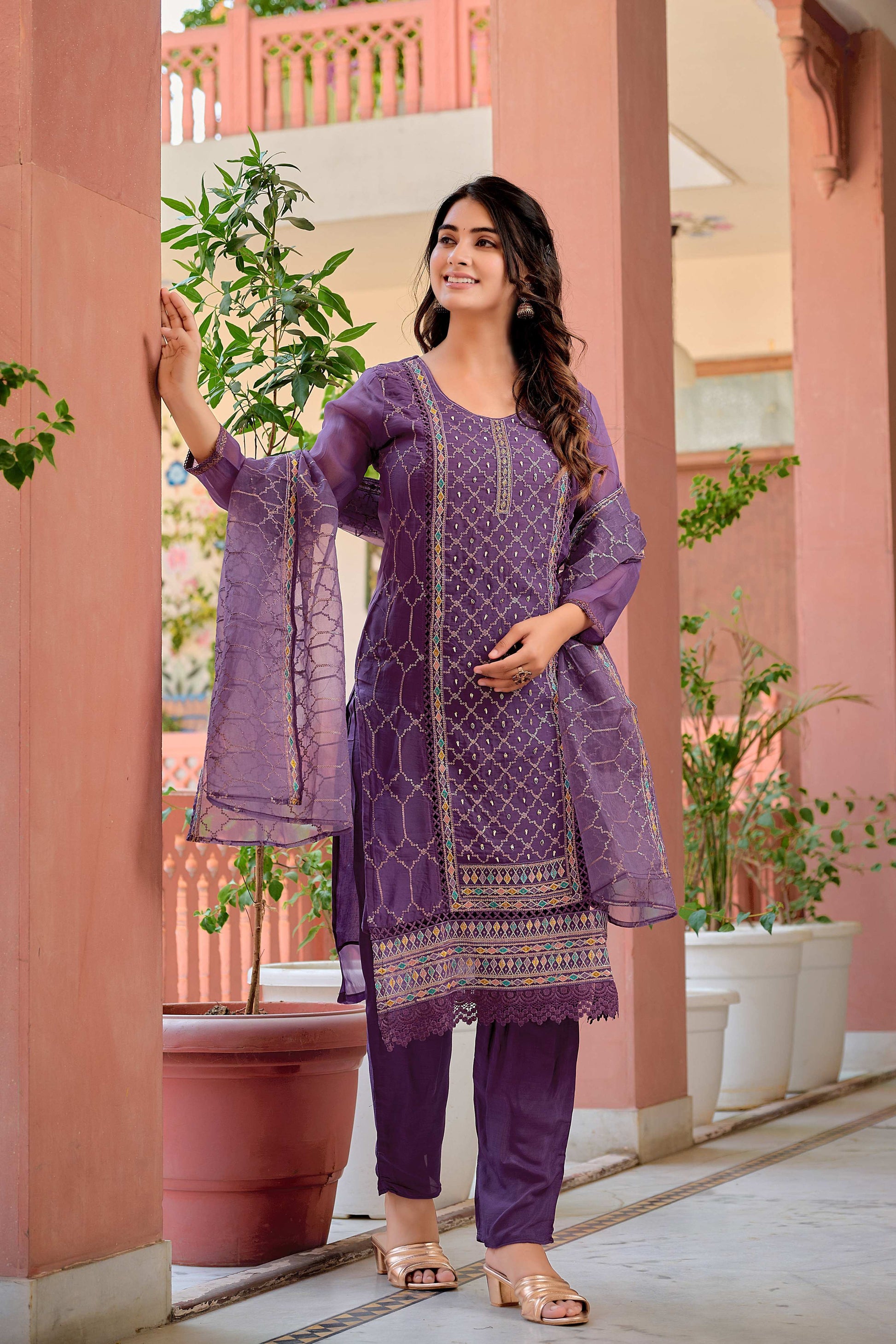 Hand Embroidered & Lace Detailed Kurta With Pant & Dupatta Premium Luxury, Multicolor - Hiral Fashion