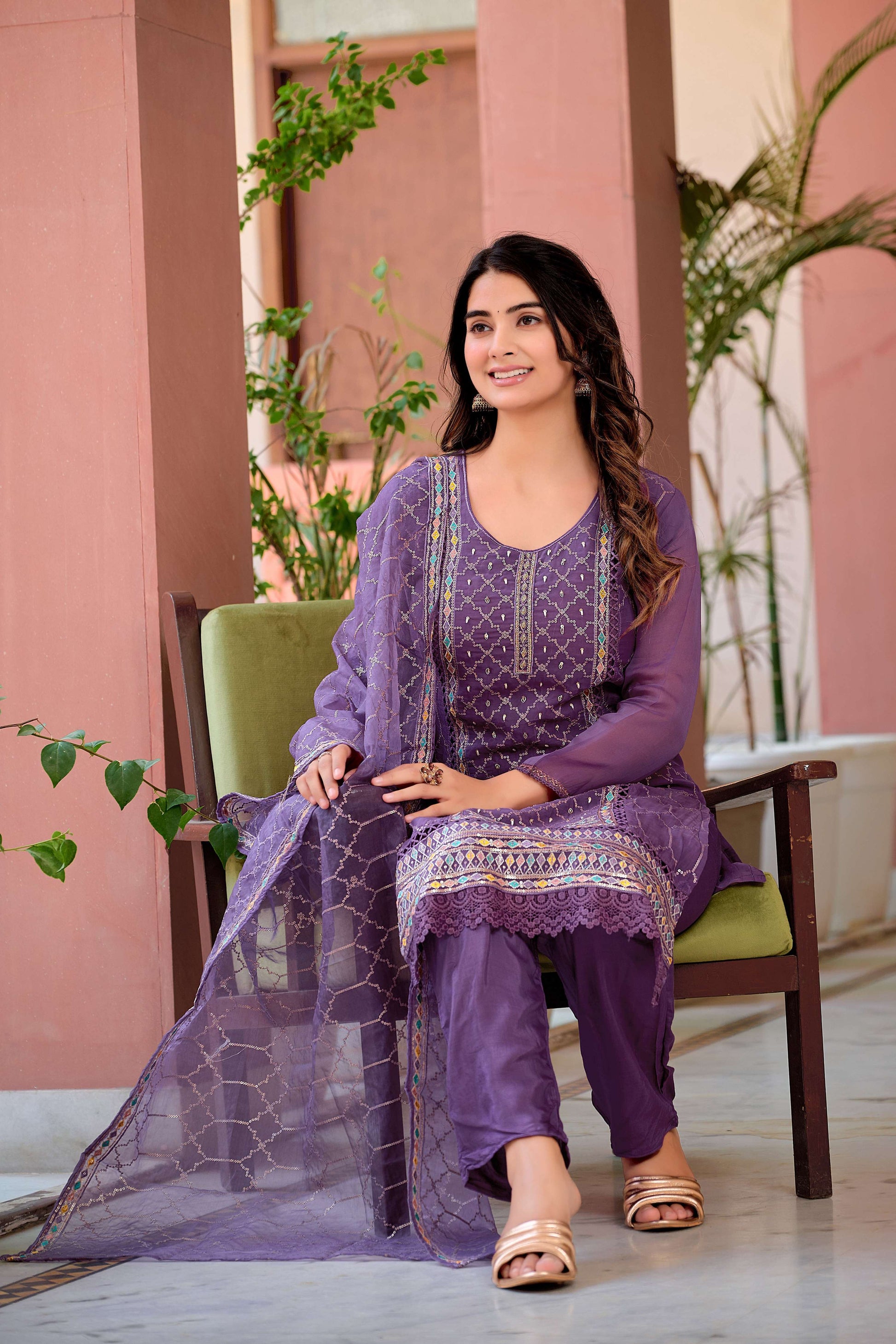 Hand Embroidered & Lace Detailed Kurta With Pant & Dupatta Premium Luxury, Multicolor - Hiral Fashion