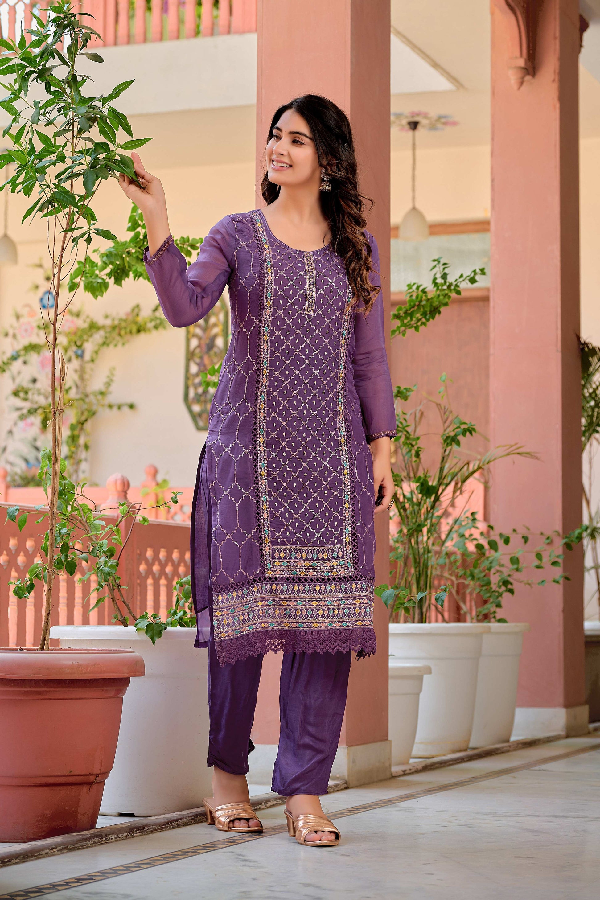 Hand Embroidered & Lace Detailed Kurta With Pant & Dupatta Premium Luxury, Multicolor - Hiral Fashion