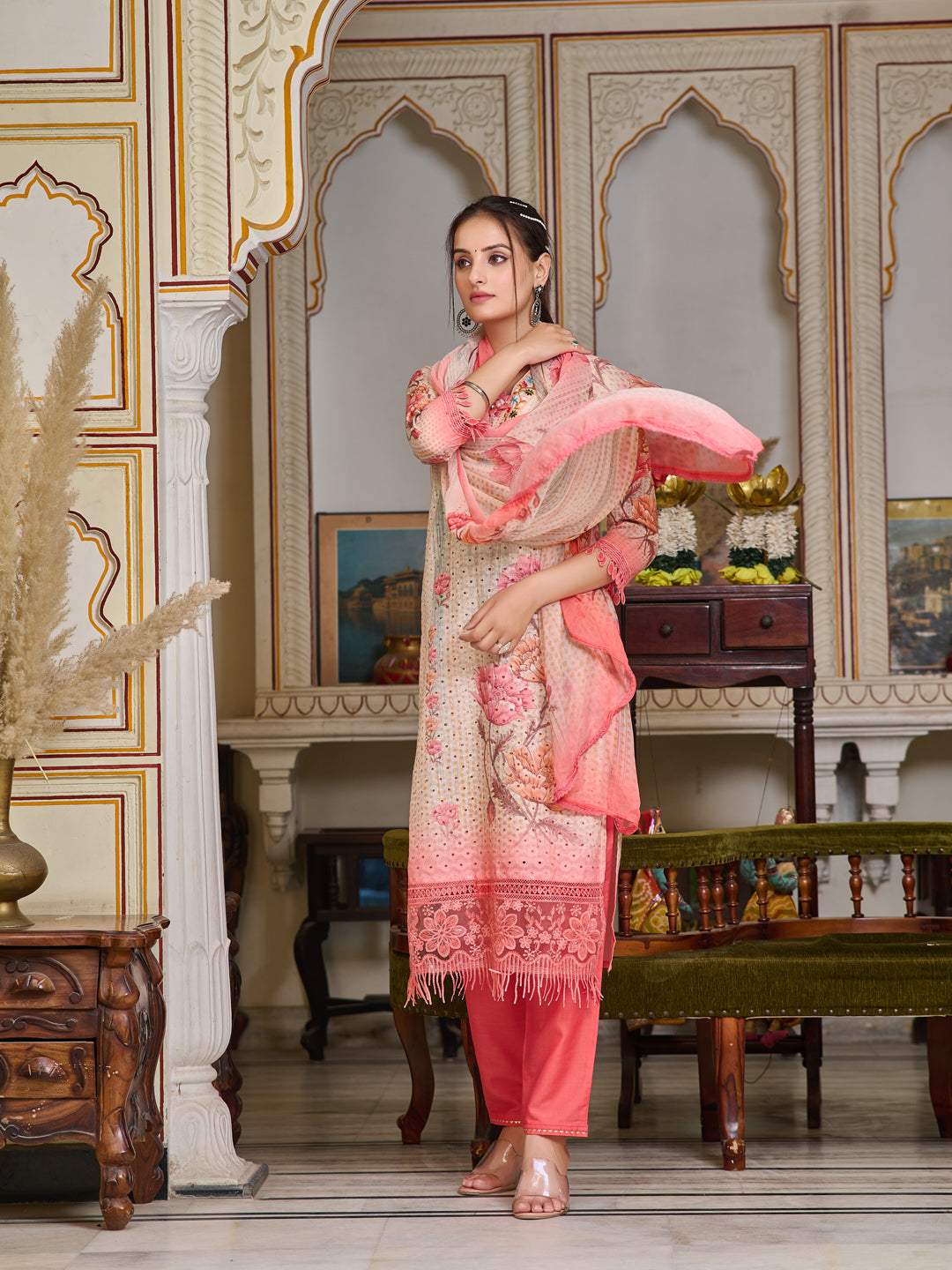 Schiffli Embroidered Kurta With Pant & Printed Dupatta Premium Luxury, Multicolor - Hiral Fashion