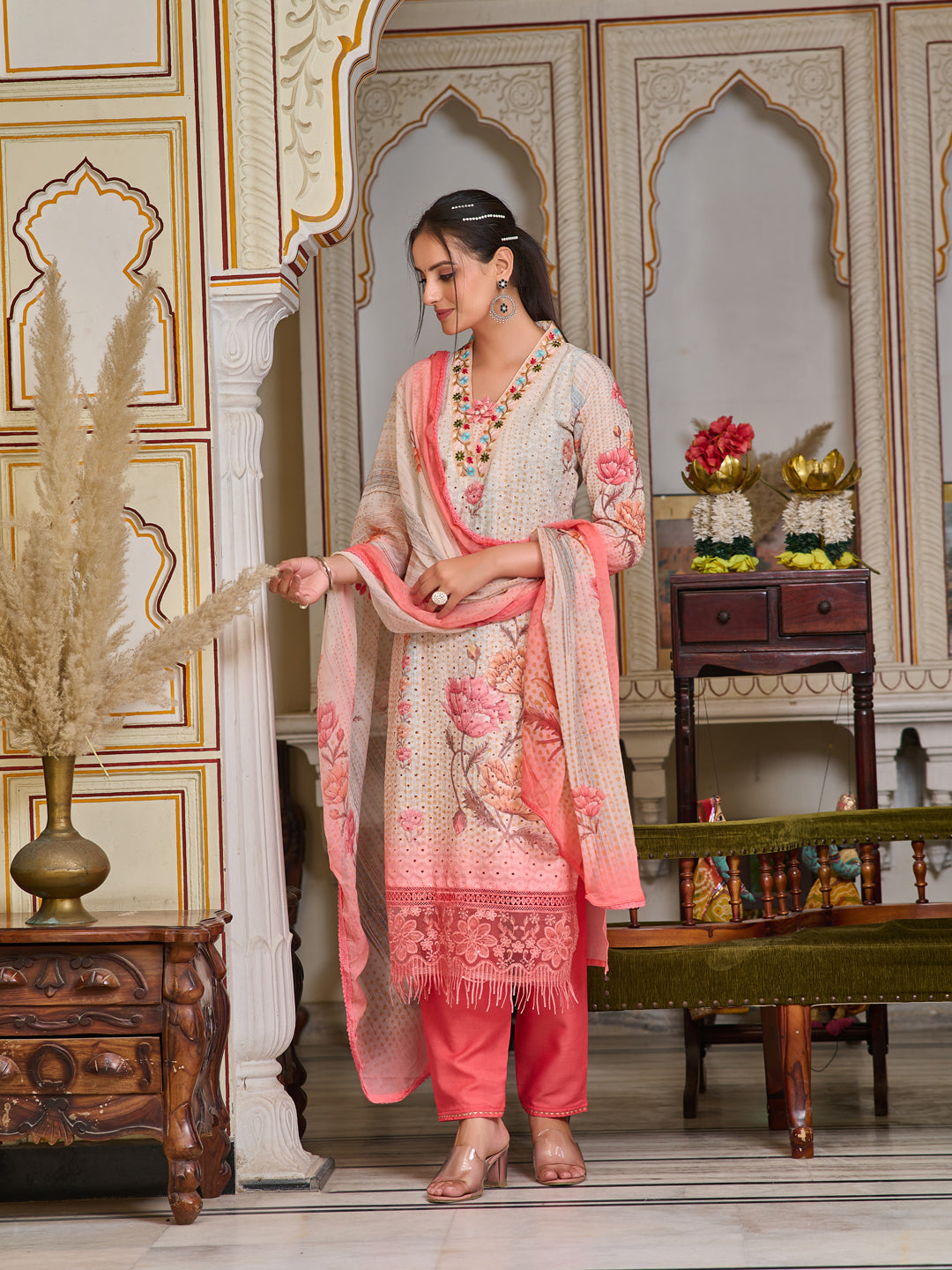 Schiffli Embroidered Kurta With Pant & Printed Dupatta Premium Luxury, Multicolor - Hiral Fashion