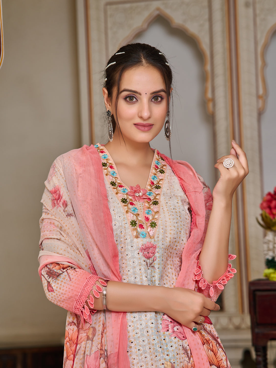 Schiffli Embroidered Kurta With Pant & Printed Dupatta Premium Luxury, Multicolor - Hiral Fashion