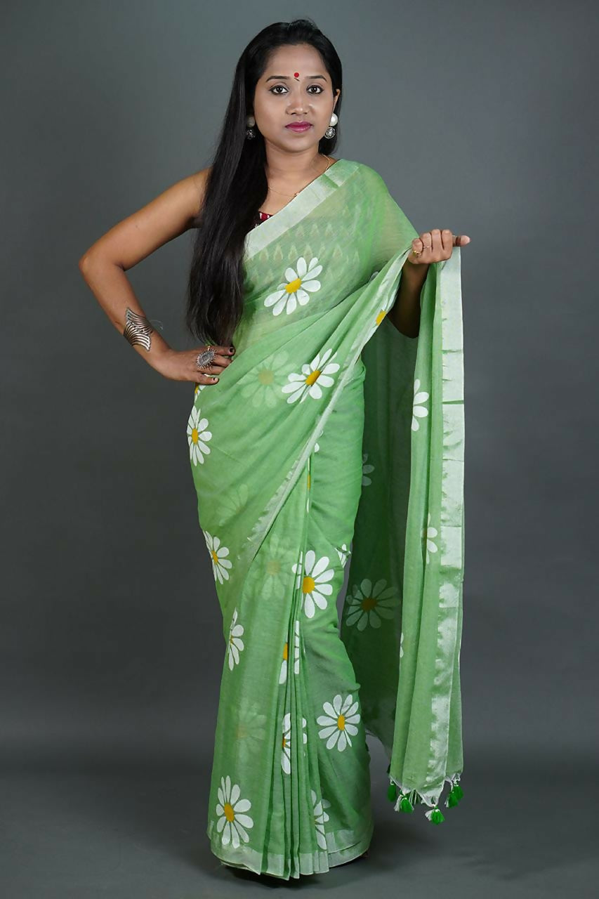 Exclusive Collection Light Green Pure Cotton Grab2Buy With Sunflower Design 