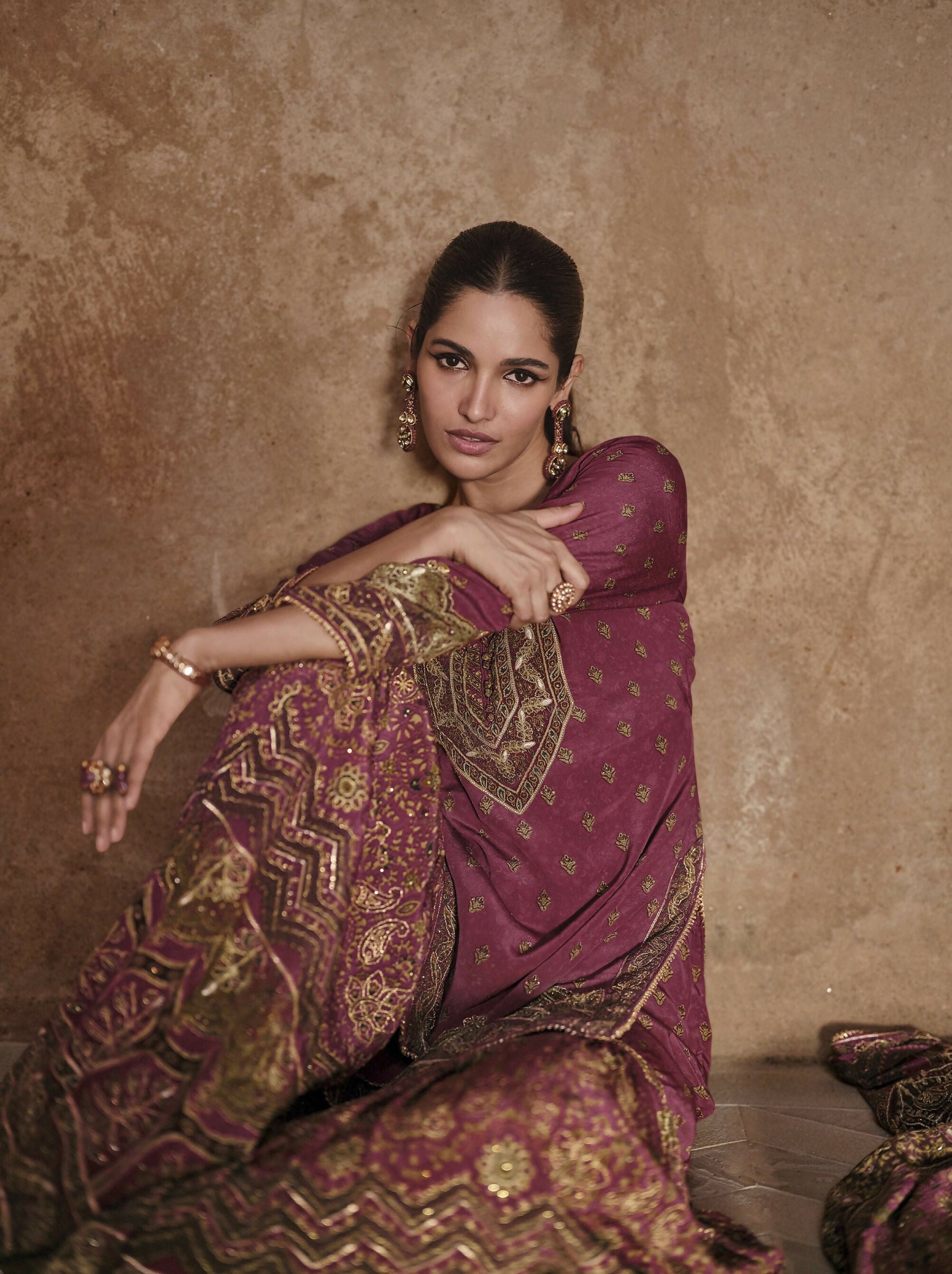 Anaita Maroon Silk Readymade Palazzo Suit with Swarovski Work