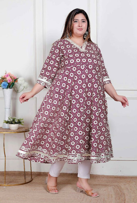 Miravan Plus Size Women'S Cream Embroidered Cotton Anarkali Kurta 