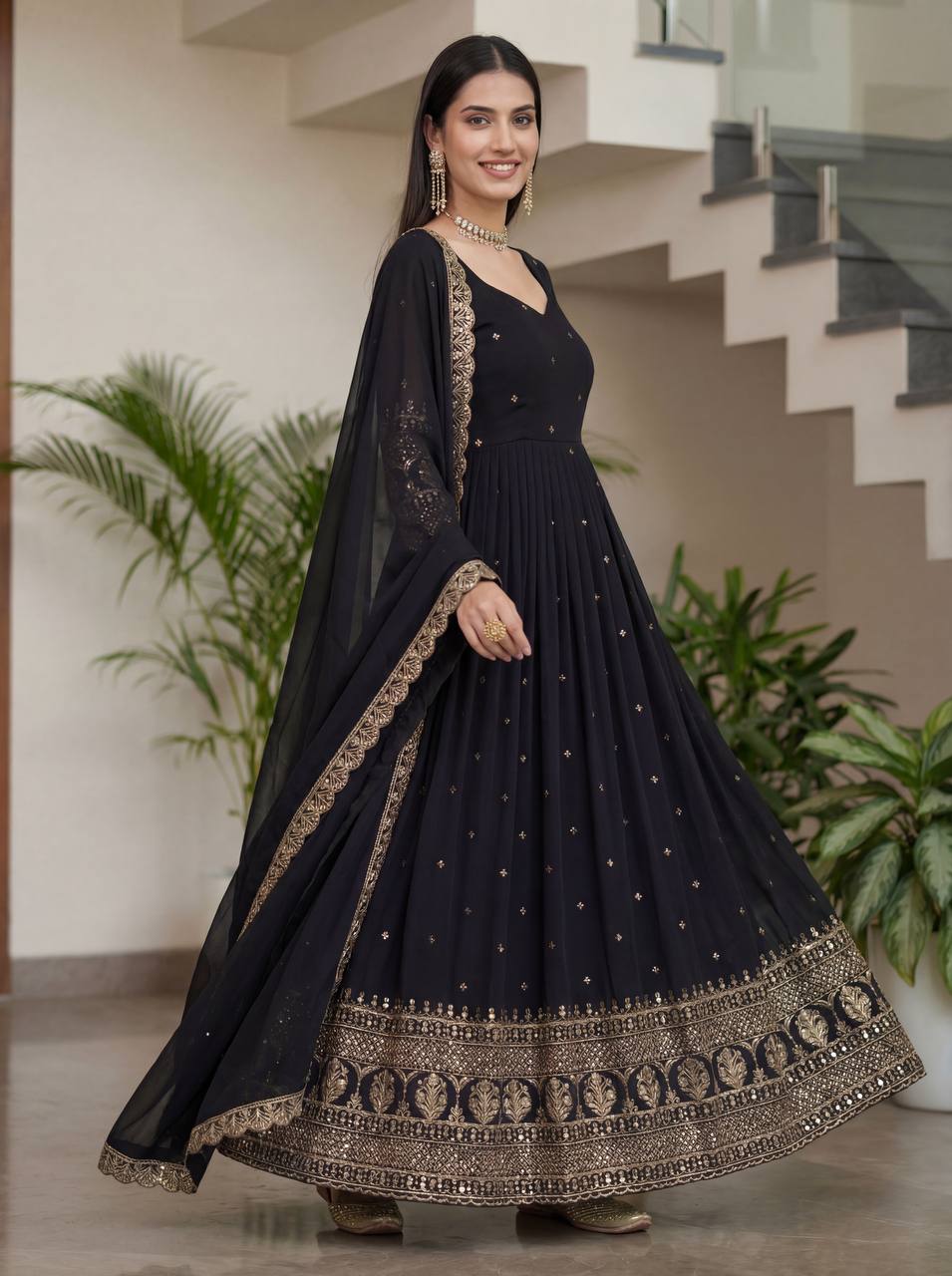 Lehenga Mart Designer Vichitra Silk Gown With Dupatta-Black
