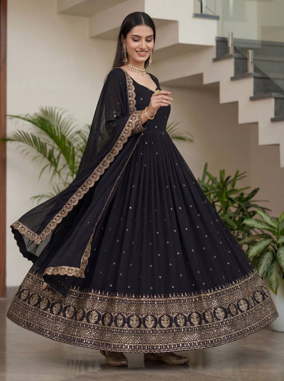 Lehenga Mart Designer Vichitra Silk Gown With Dupatta-Black
