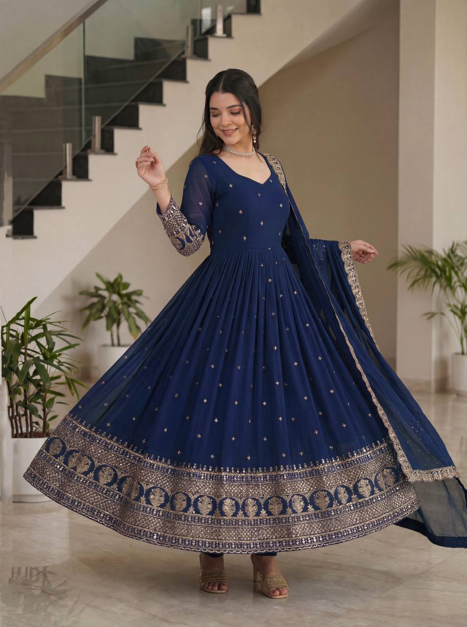 Lehenga Mart Designer Vichitra Silk Gown With Dupatta-Navy Blue