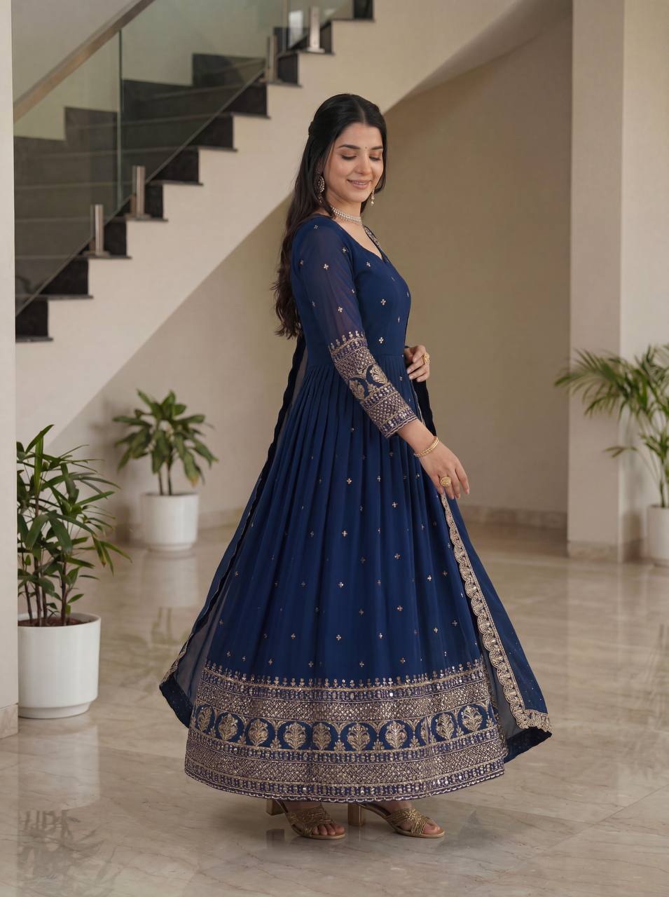 Lehenga Mart Designer Vichitra Silk Gown With Dupatta-Navy Blue