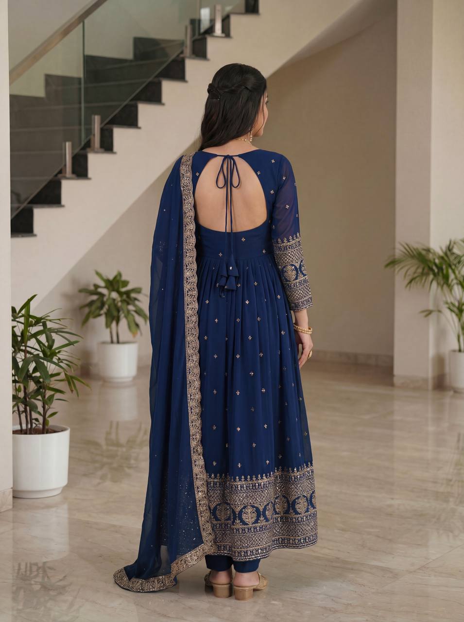 Lehenga Mart Designer Vichitra Silk Gown With Dupatta-Navy Blue