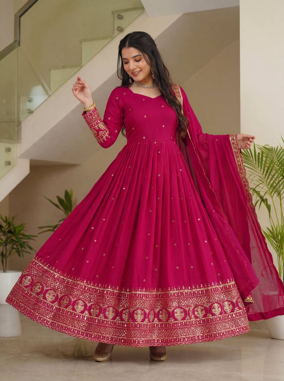 Lehenga Mart Designer Vichitra Silk Gown With Dupatta-Pink