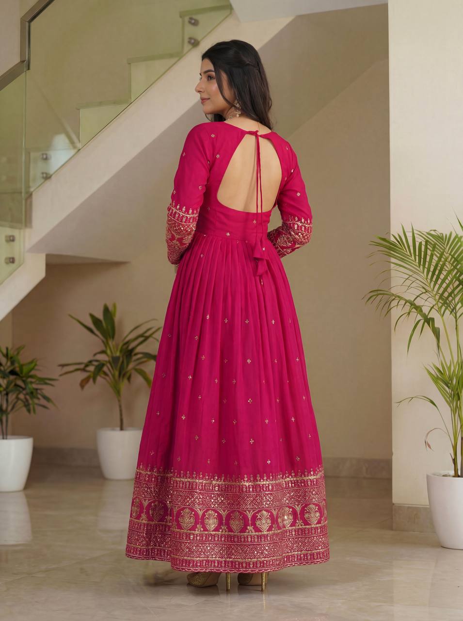 Lehenga Mart Designer Vichitra Silk Gown With Dupatta-Pink