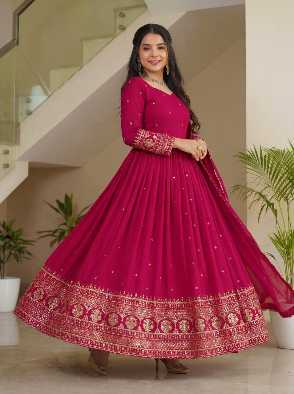 Lehenga Mart Designer Vichitra Silk Gown With Dupatta-Pink
